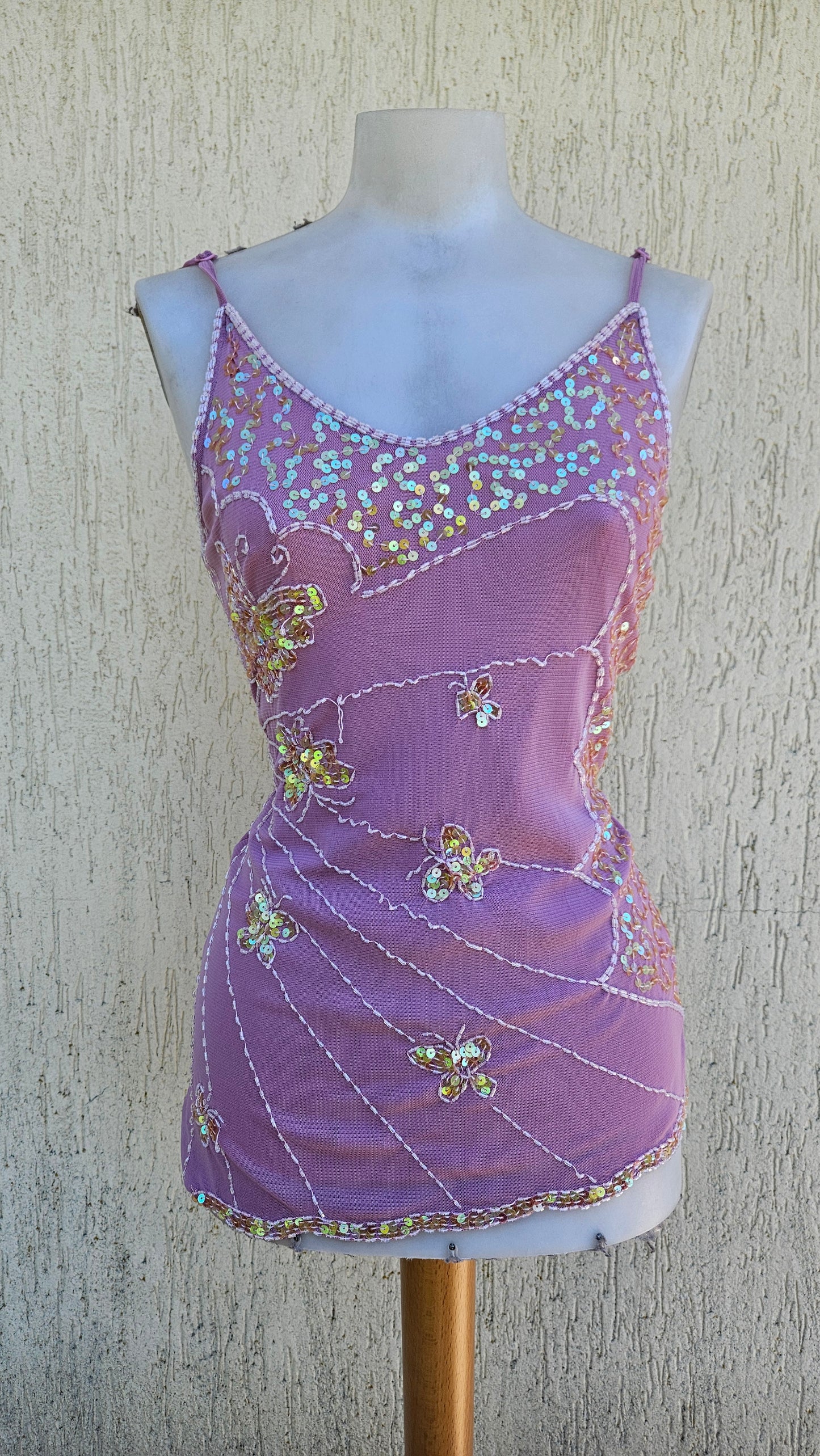 Haut en voile brodé rose motifs papillons