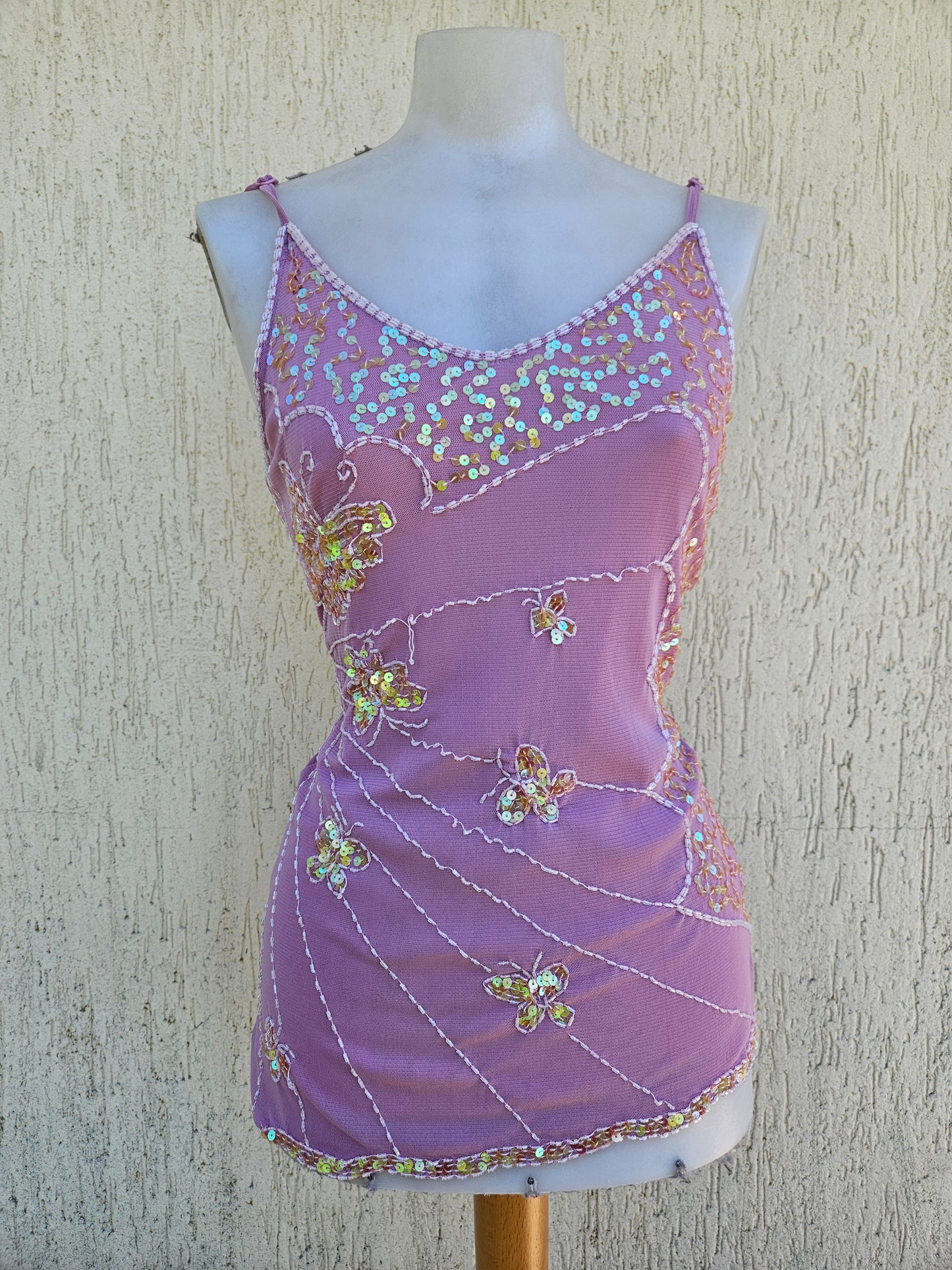 Haut en voile brodé rose motifs papillons