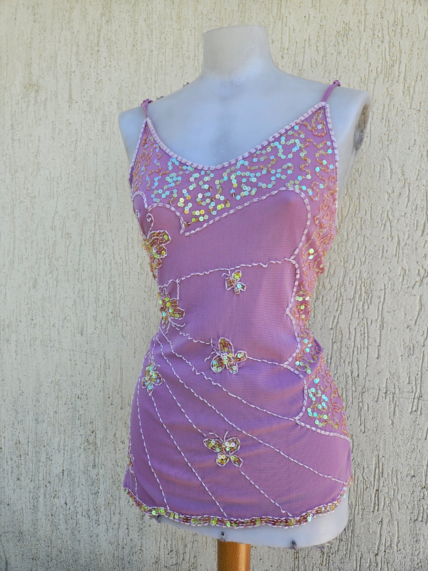 Haut en voile brodé rose motifs papillons