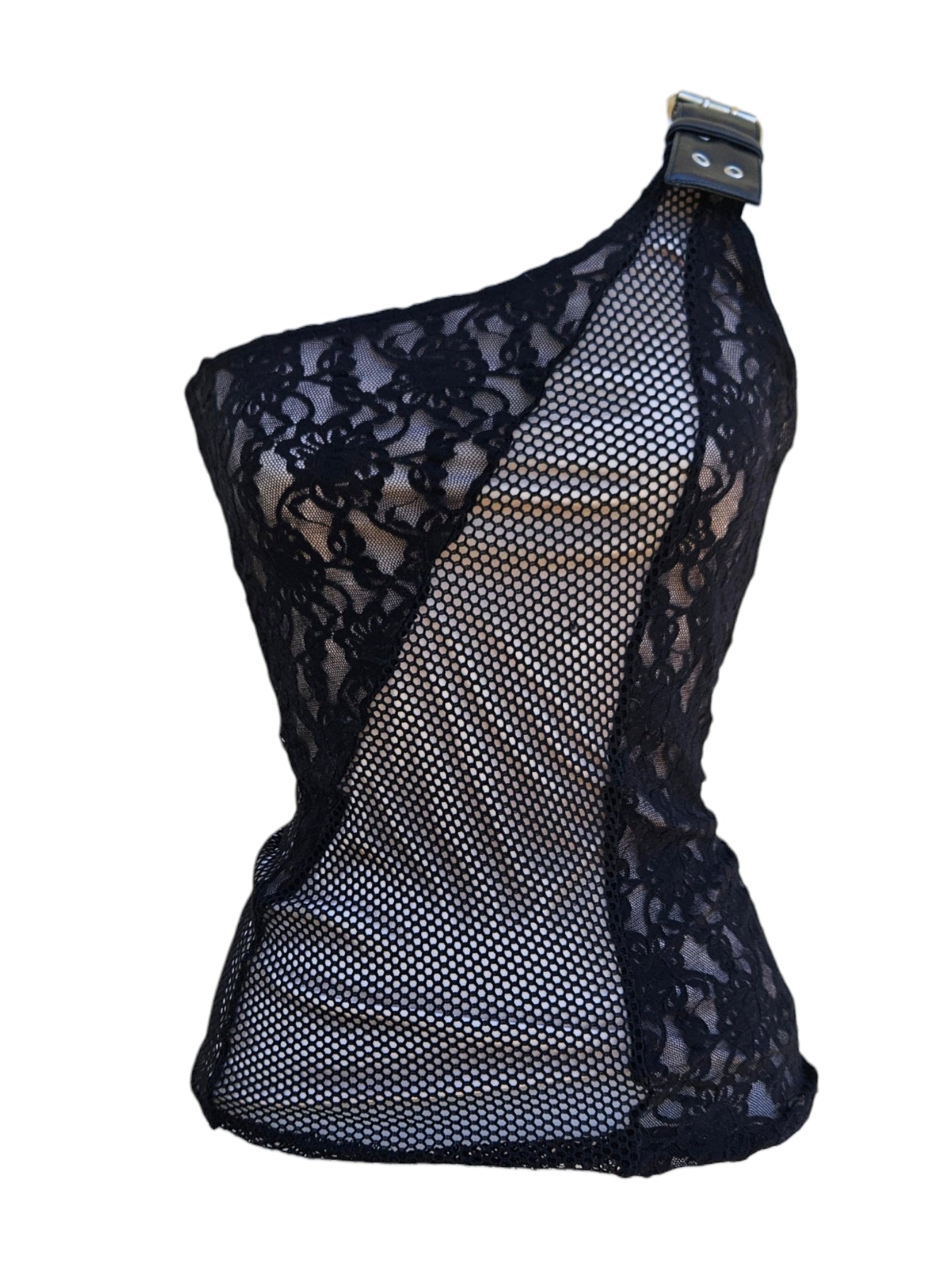 Haut asymétrique en résille et dentelle dans le style alt whimsigoth, rock. Piève vintage de chez Morgan de Toi, des années 2000 / y2k