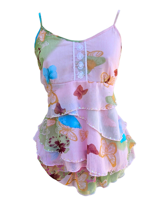 Haut en voile à volants à motif papillon. Avec des détails de sequins multicolores. superbe top d'été dans le style fairycore, pièce vintage sortie d'une reverie.