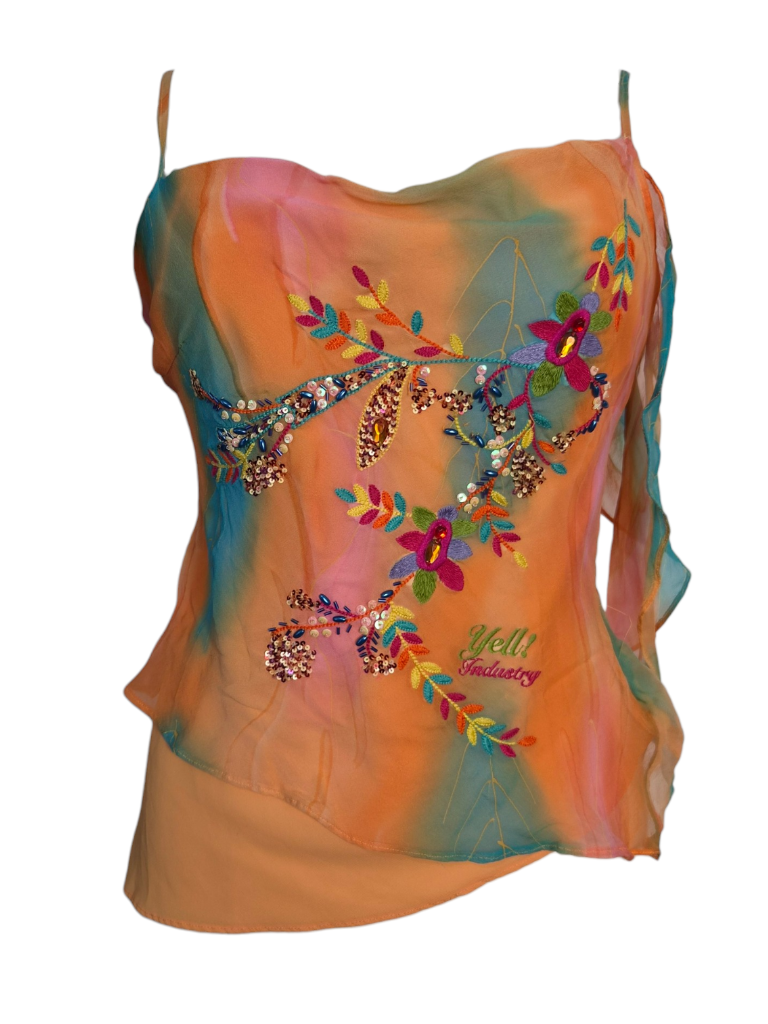 Haut en soie orange motif floral