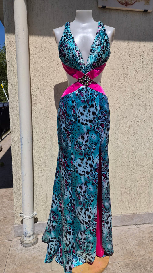 Robe léopard bleue dos nu échancré