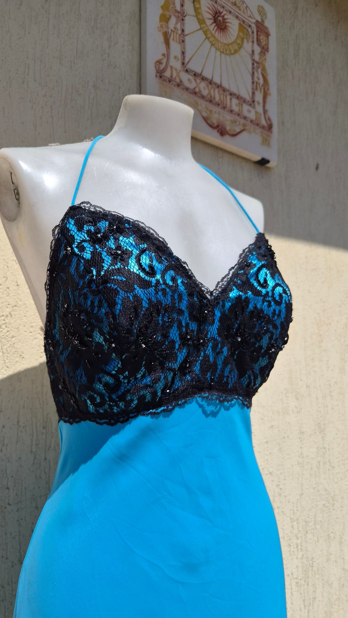 Blue dress with black lace details