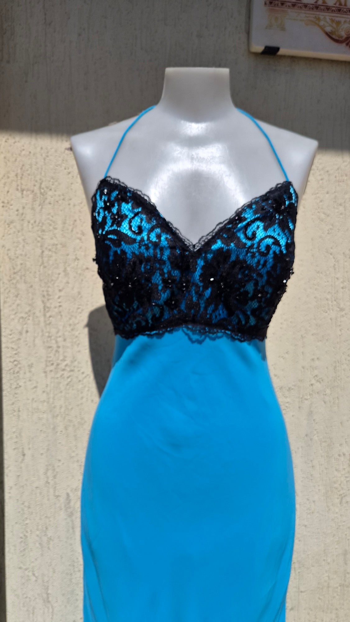 Blue dress with black lace details