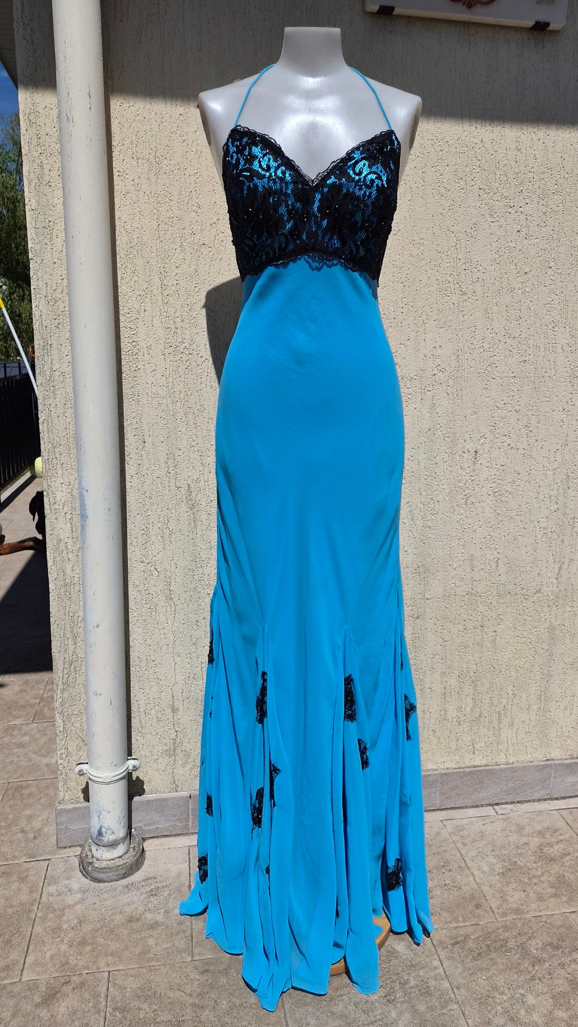 Blue dress with black lace details