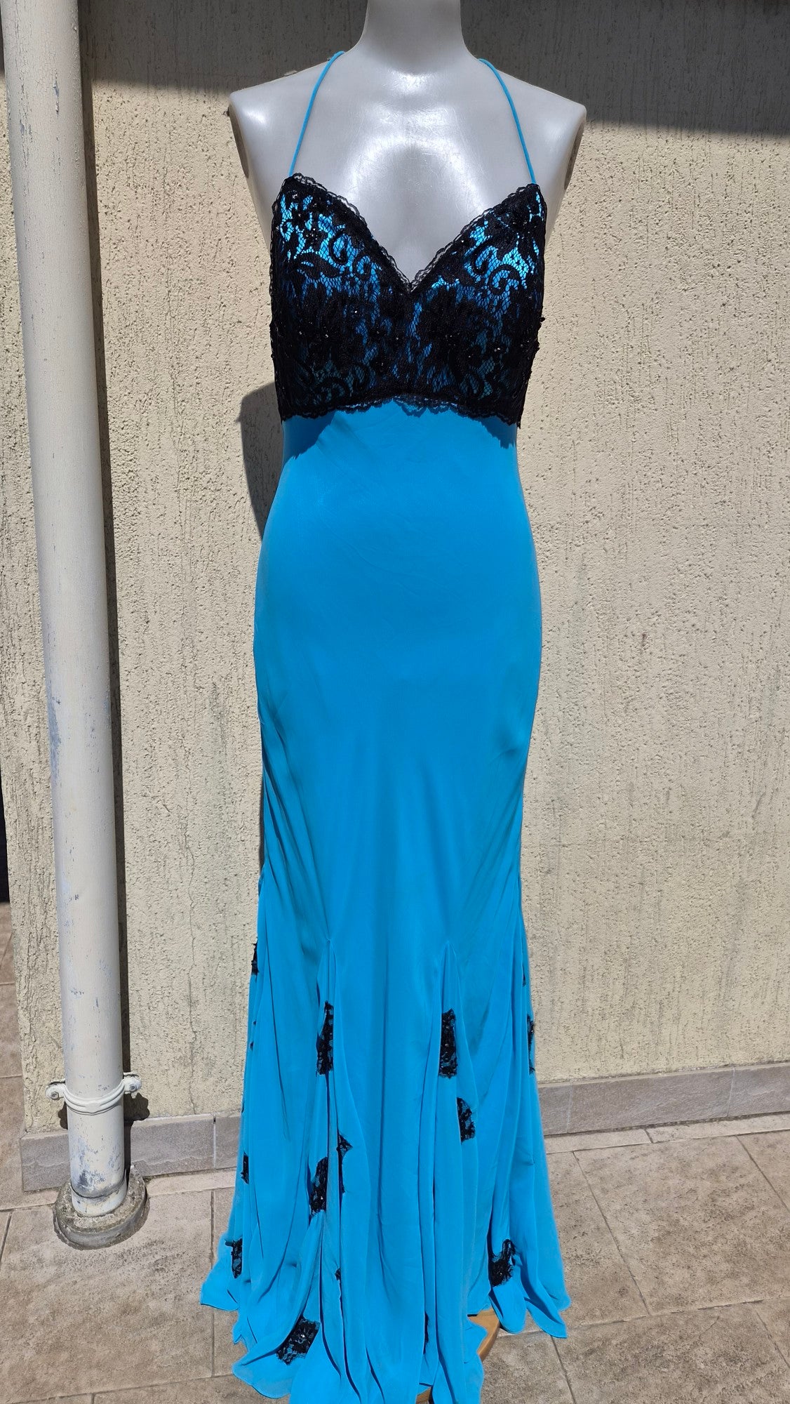 Blue dress with black lace details