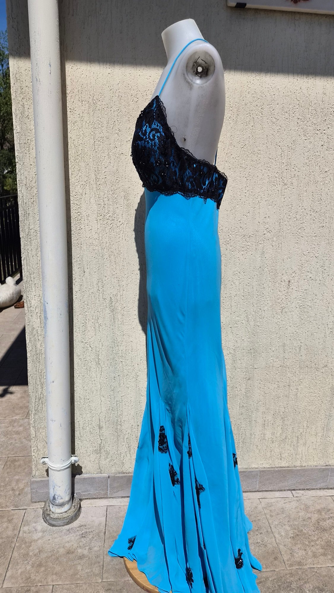 Blue dress with black lace details