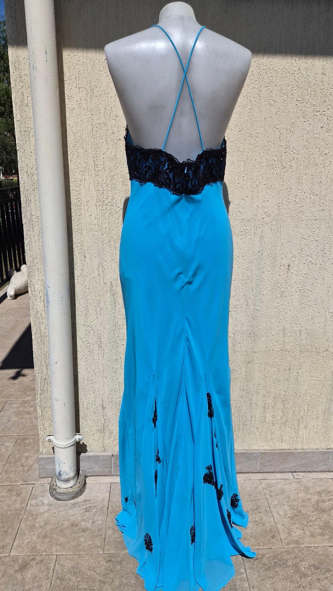Blue dress with black lace details