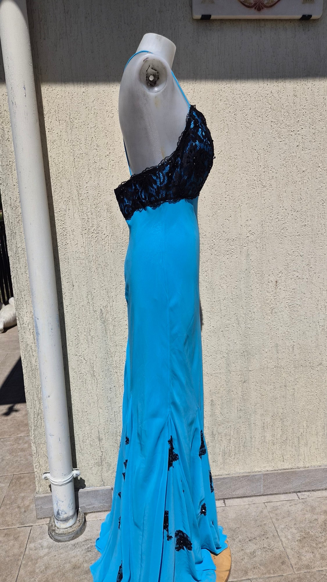 Blue dress with black lace details