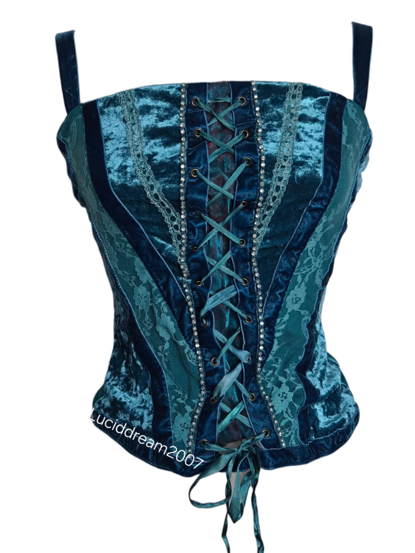 Haut bleu velours et laçage
