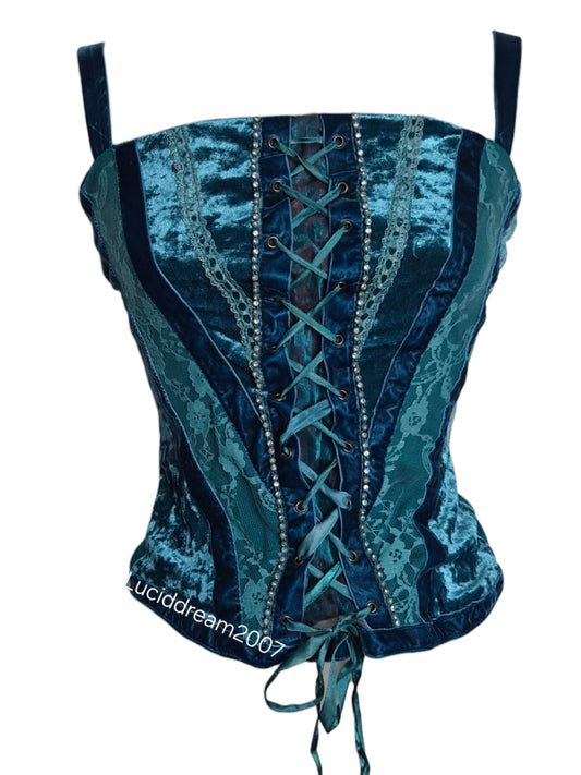 Haut bleu velours et laçage