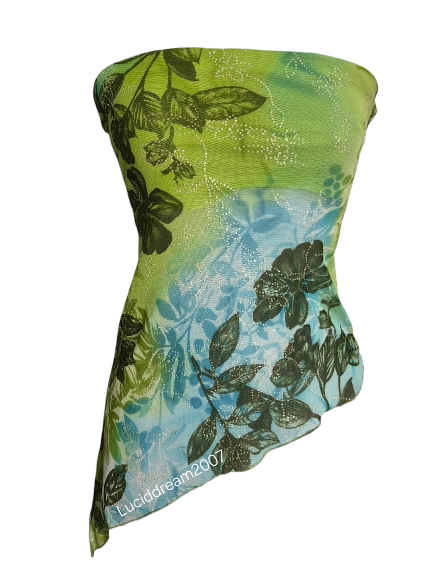 Haut strapless asymétrique bleu et vert