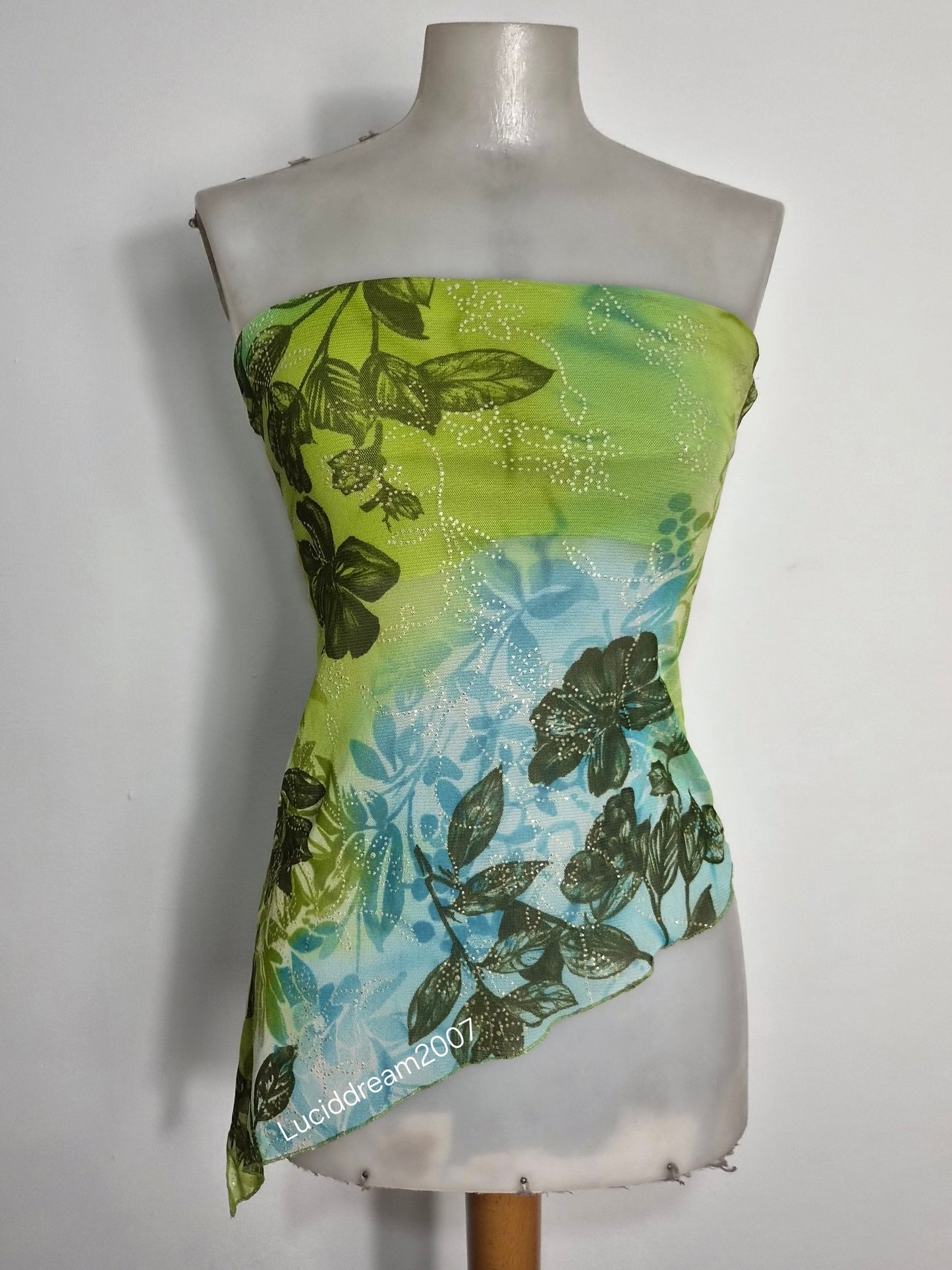Haut strapless asymétrique bleu et vert