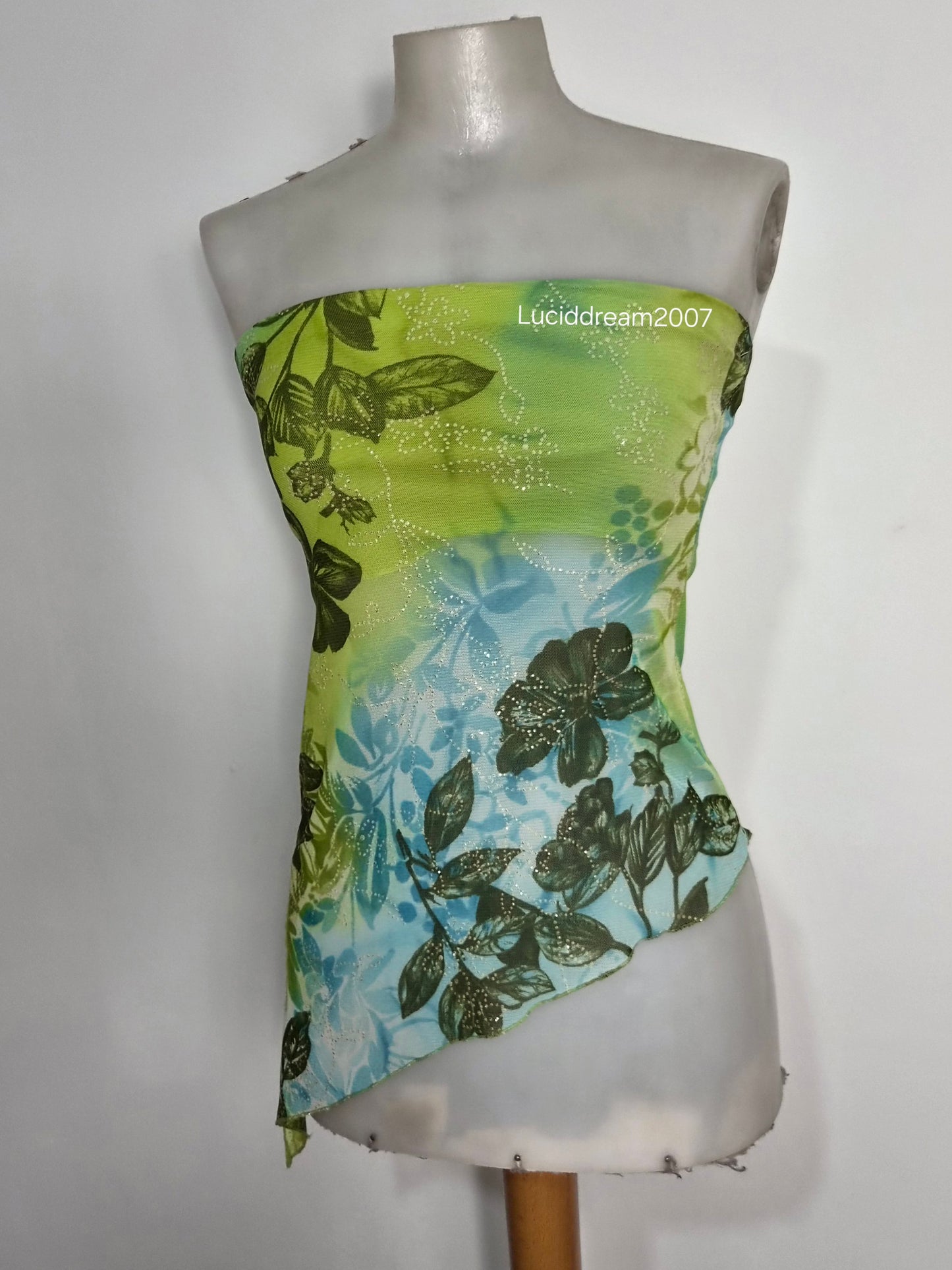 Haut strapless asymétrique bleu et vert