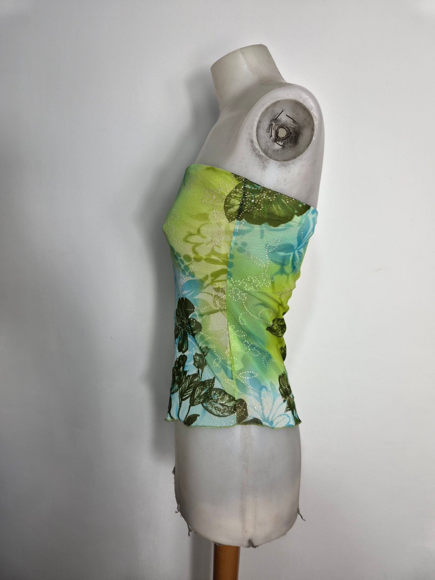 Haut strapless asymétrique bleu et vert