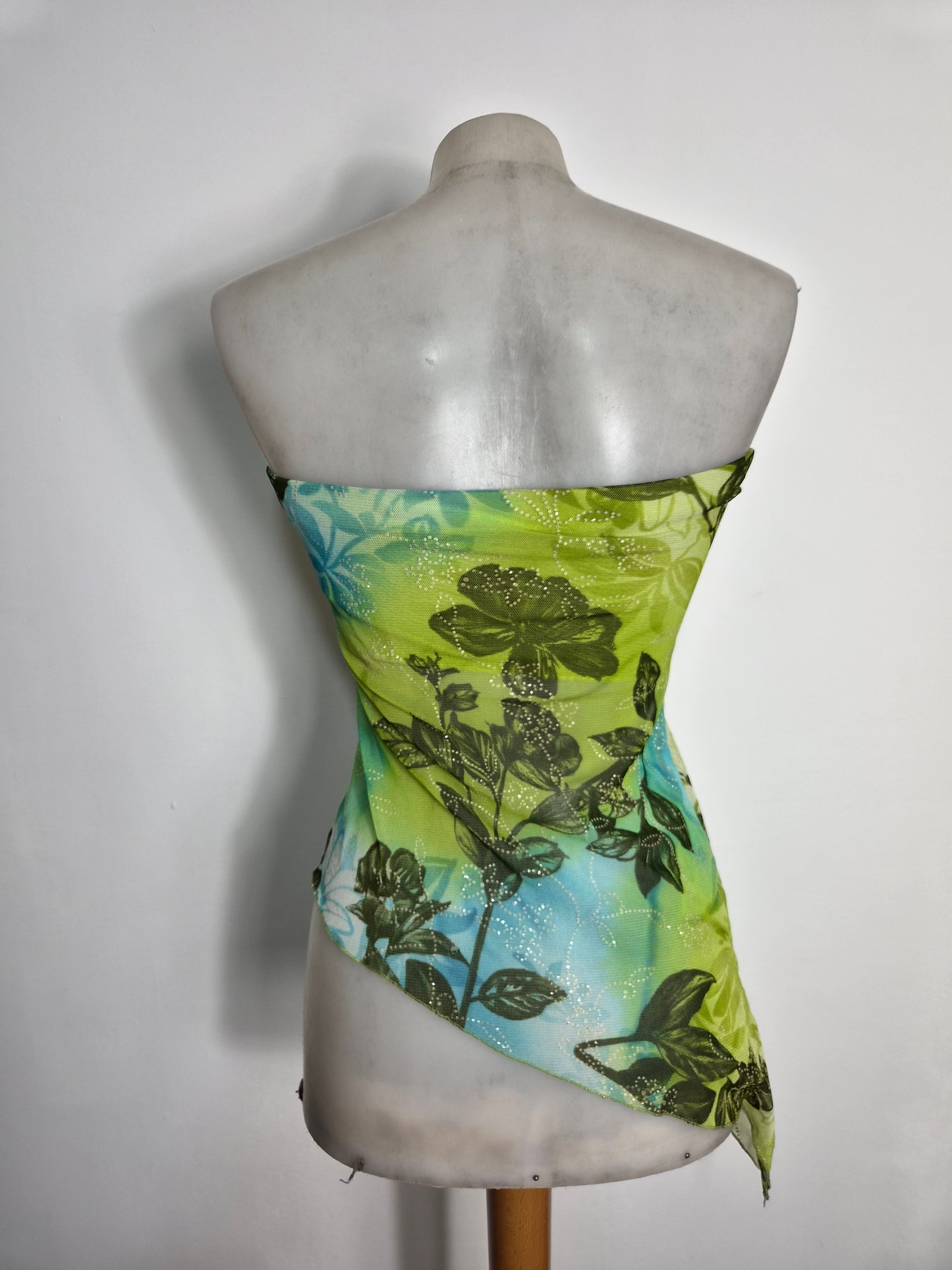 Haut strapless asymétrique bleu et vert