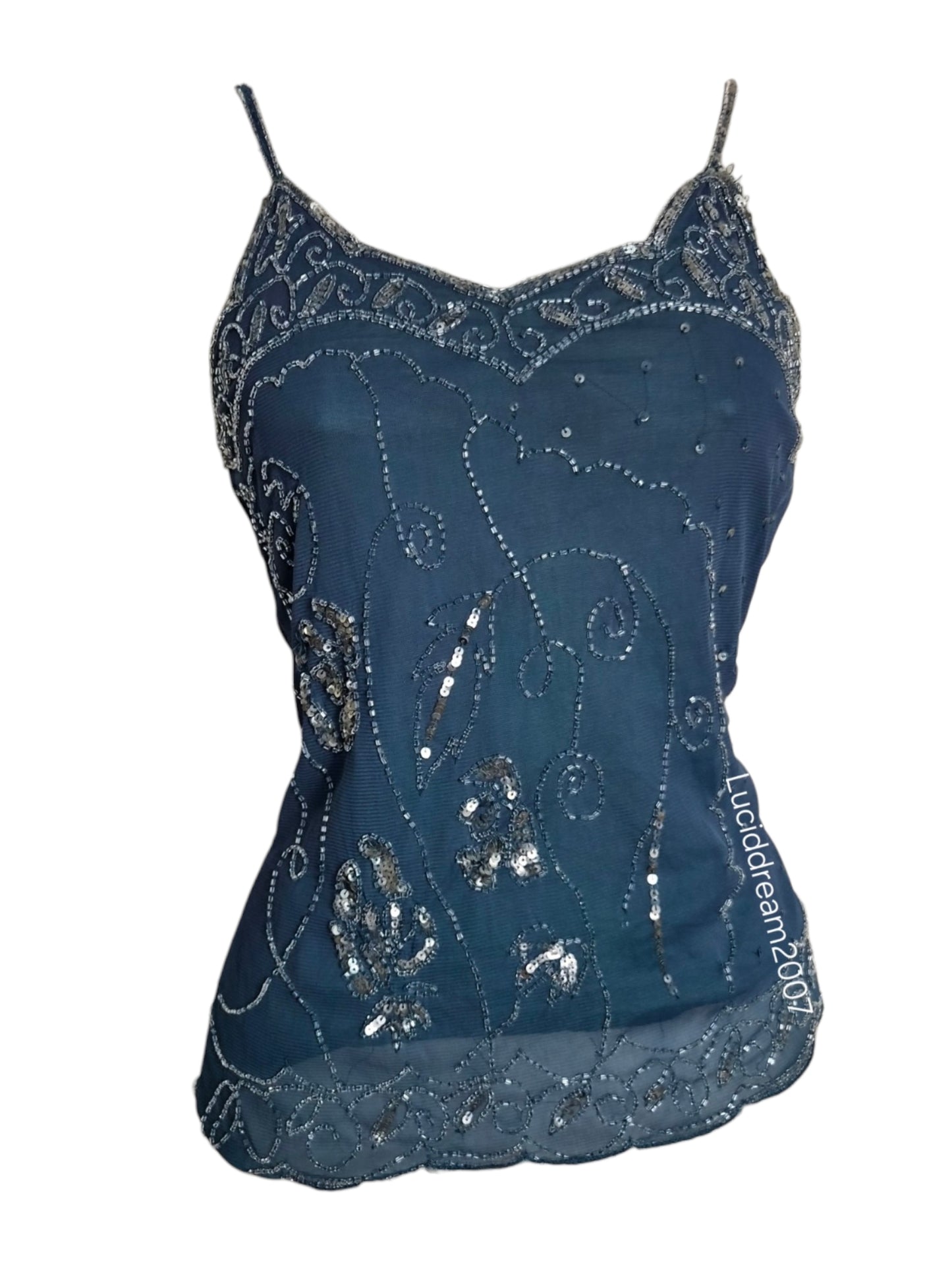 Haut bleu gris en voile brodé