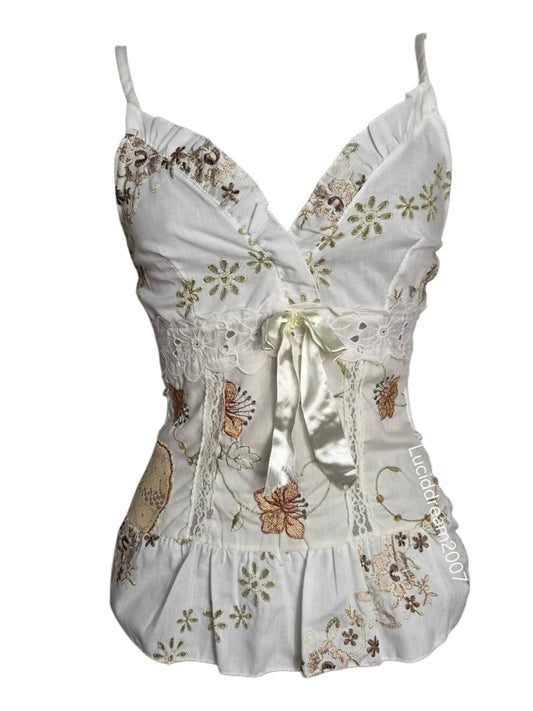 Haut blanc motif floral marron