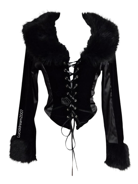 Haut noir col fausse fourrure