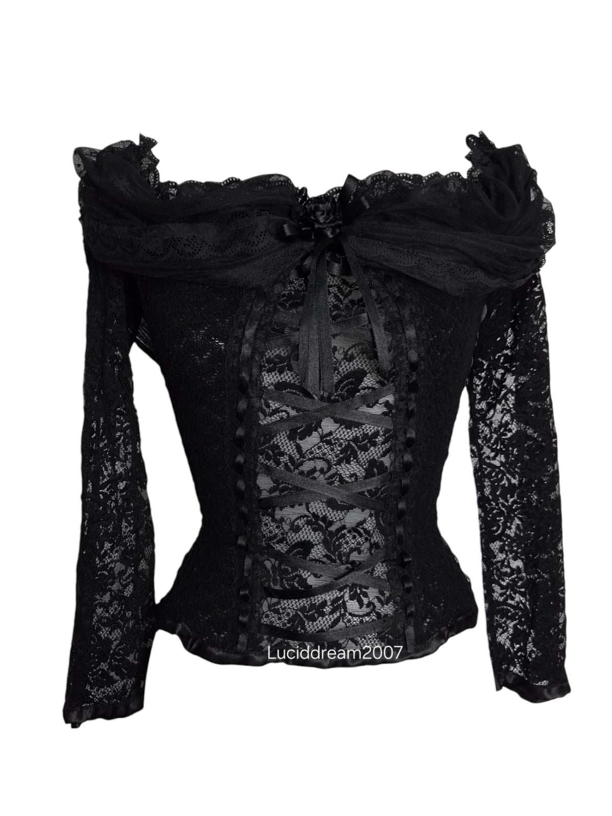 Black top with lace and floral details