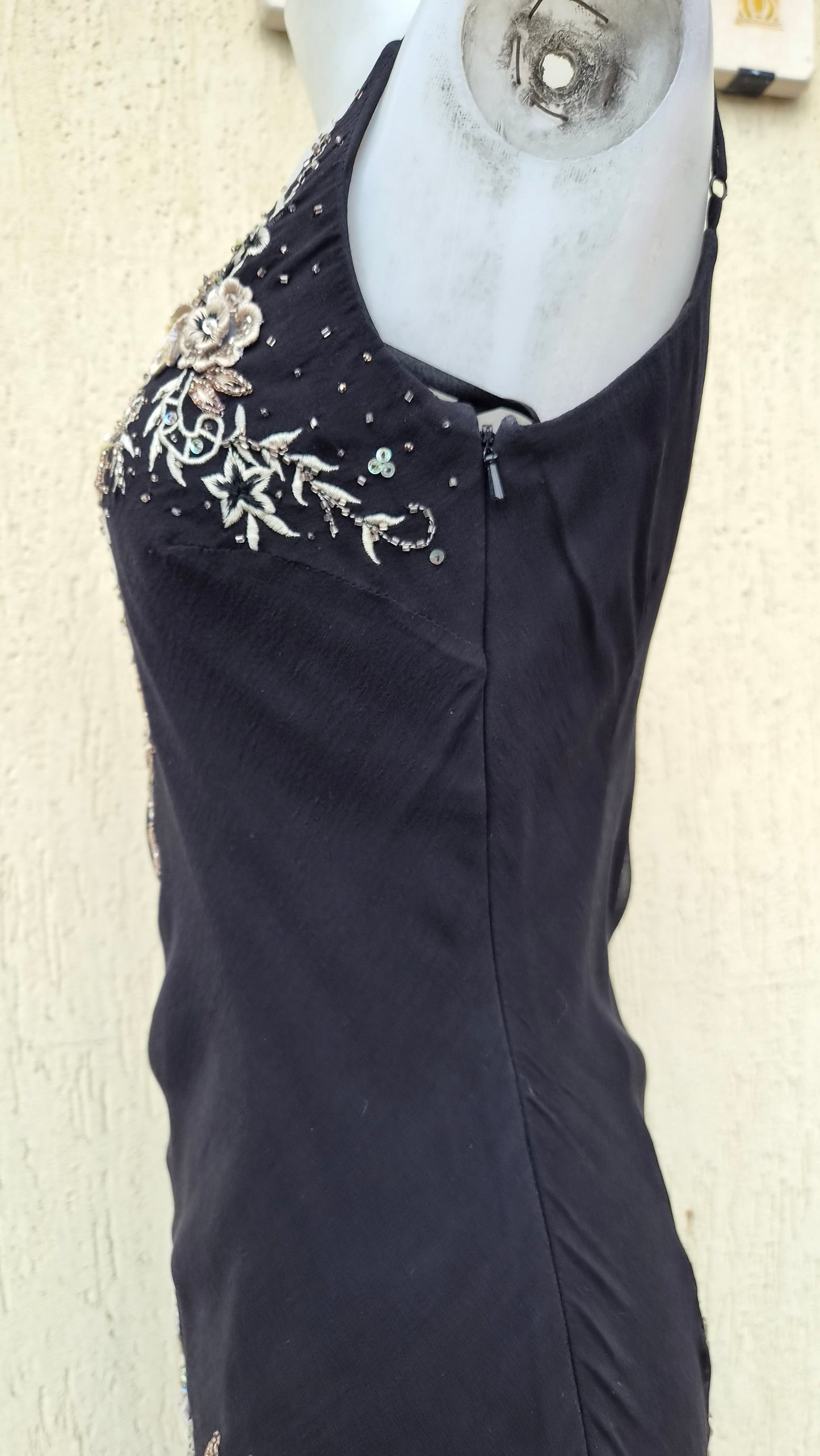 Black silk dress with embroidered details