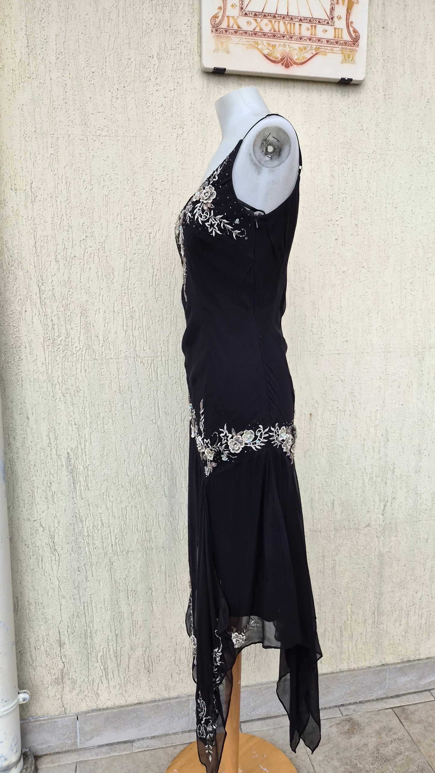 Black silk dress with embroidered details