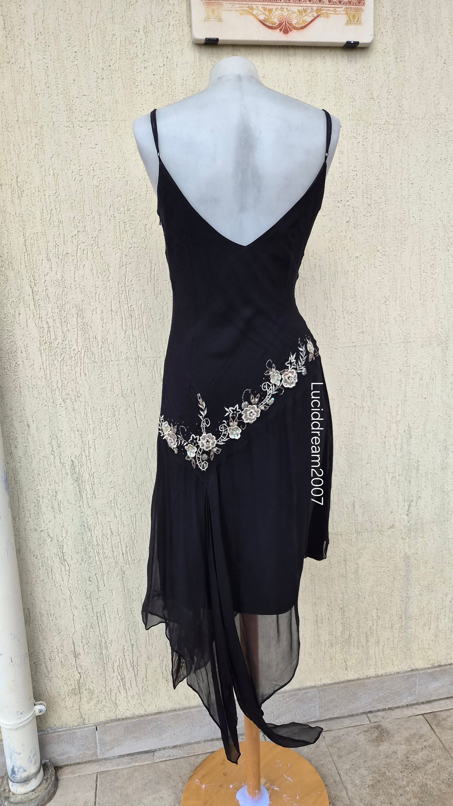 Black silk dress with embroidered details