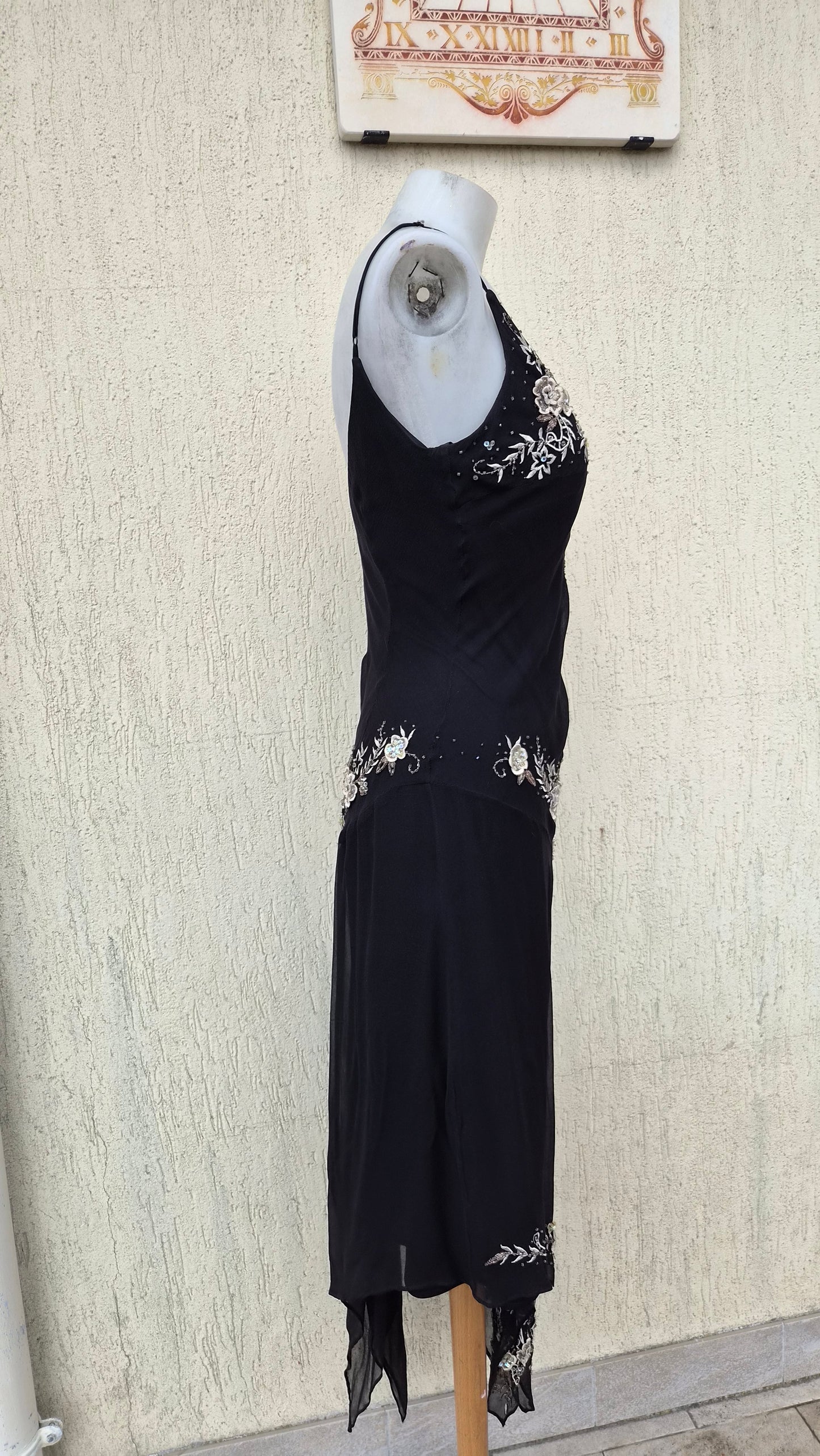 Black silk dress with embroidered details