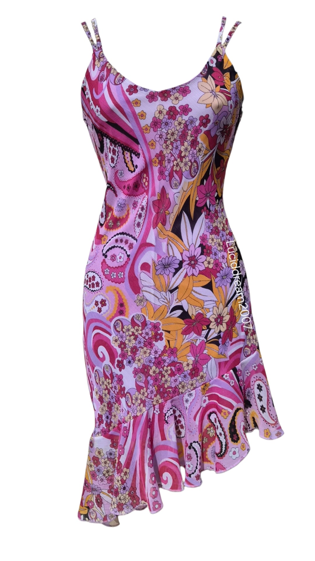 Robe asymétrique en voile floral rose