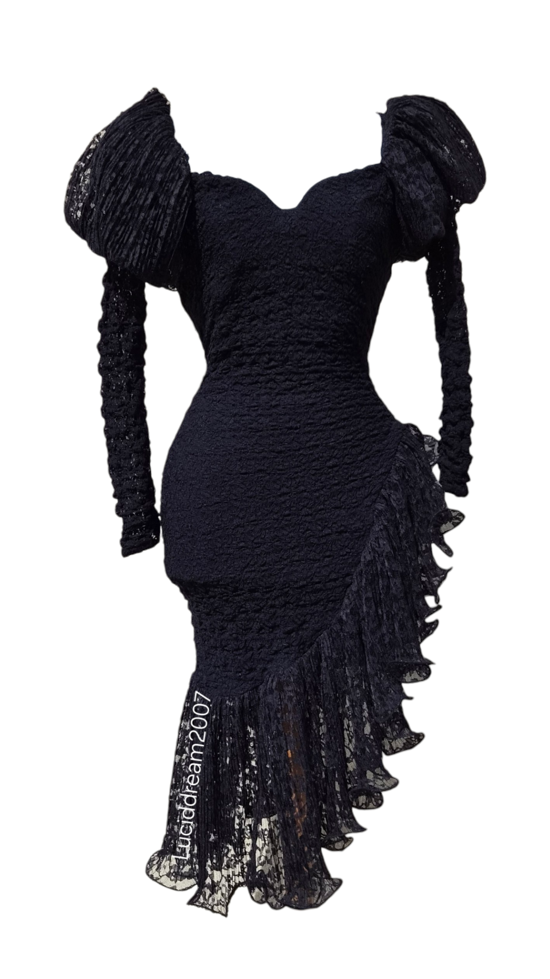 Robe asymétrique noire épaules bouffantes