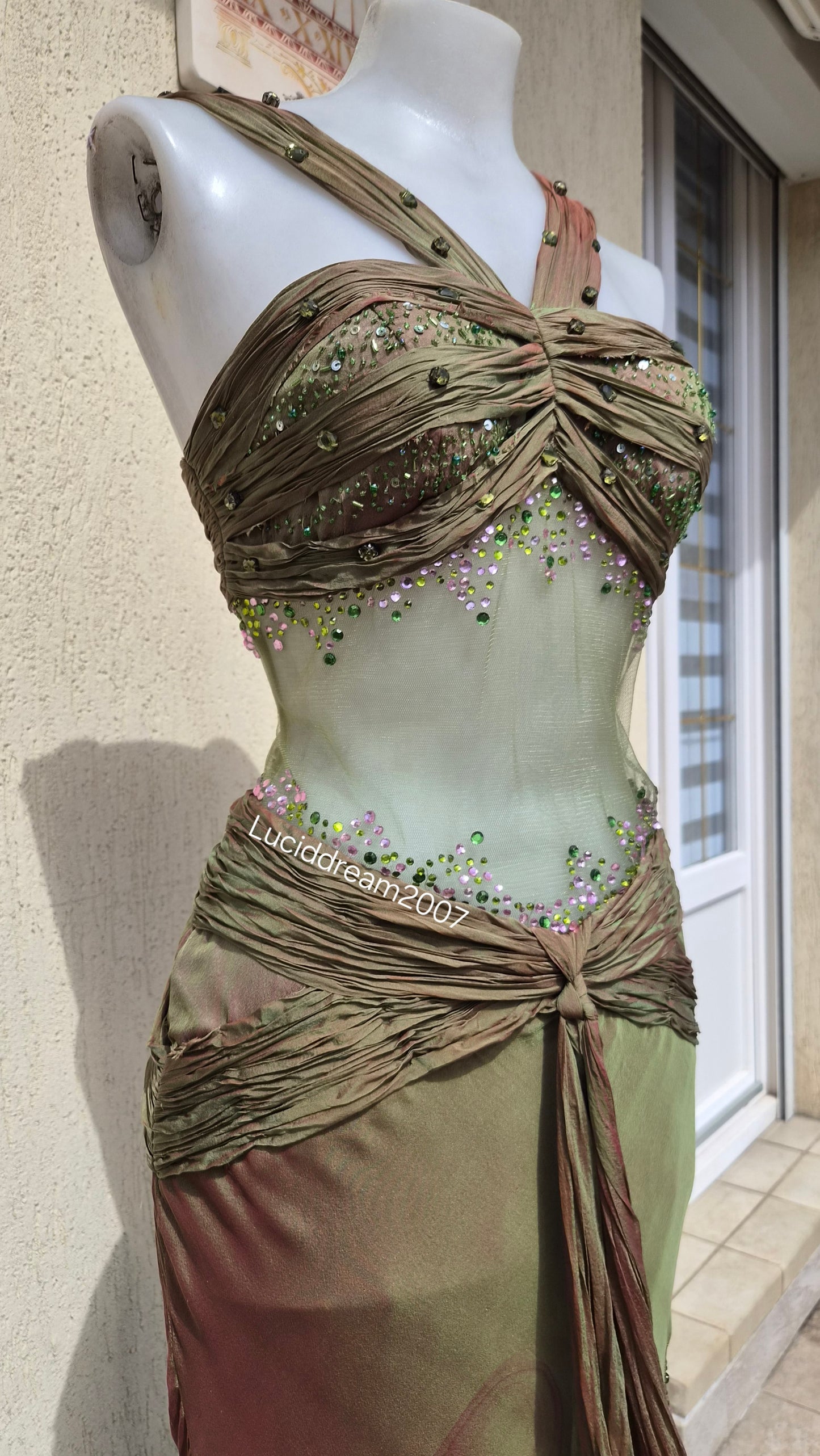 Silk dress with voile details and embroidery