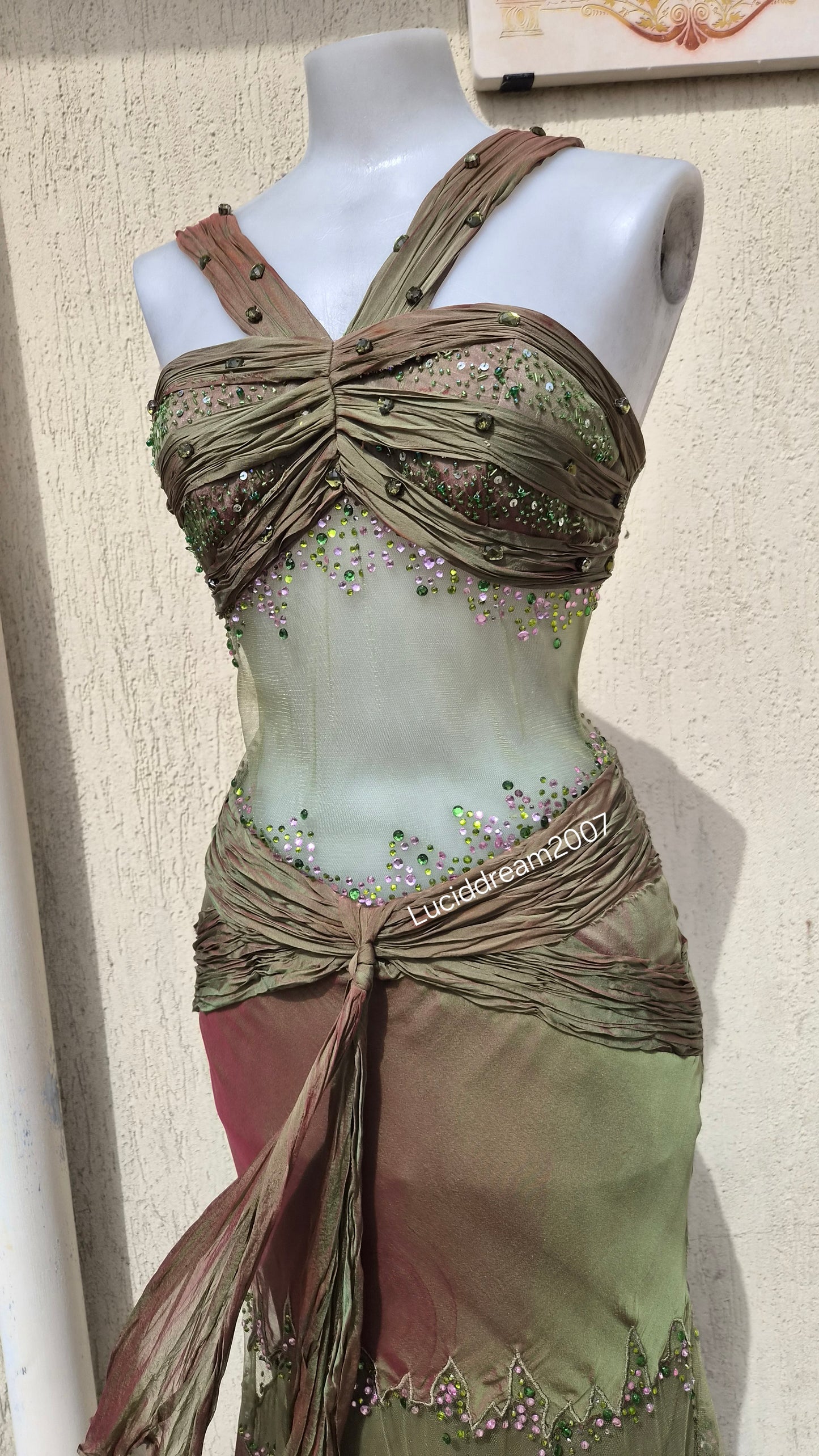 Silk dress with voile details and embroidery