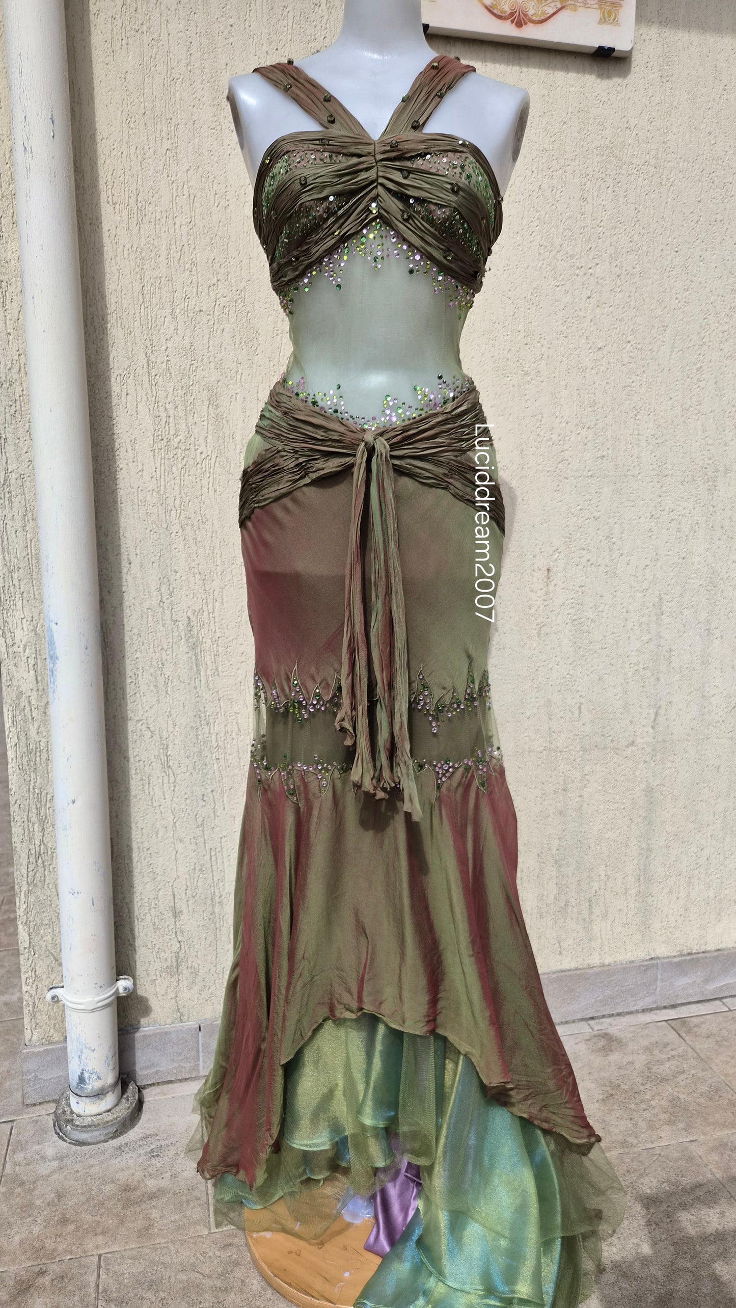 Silk dress with voile details and embroidery