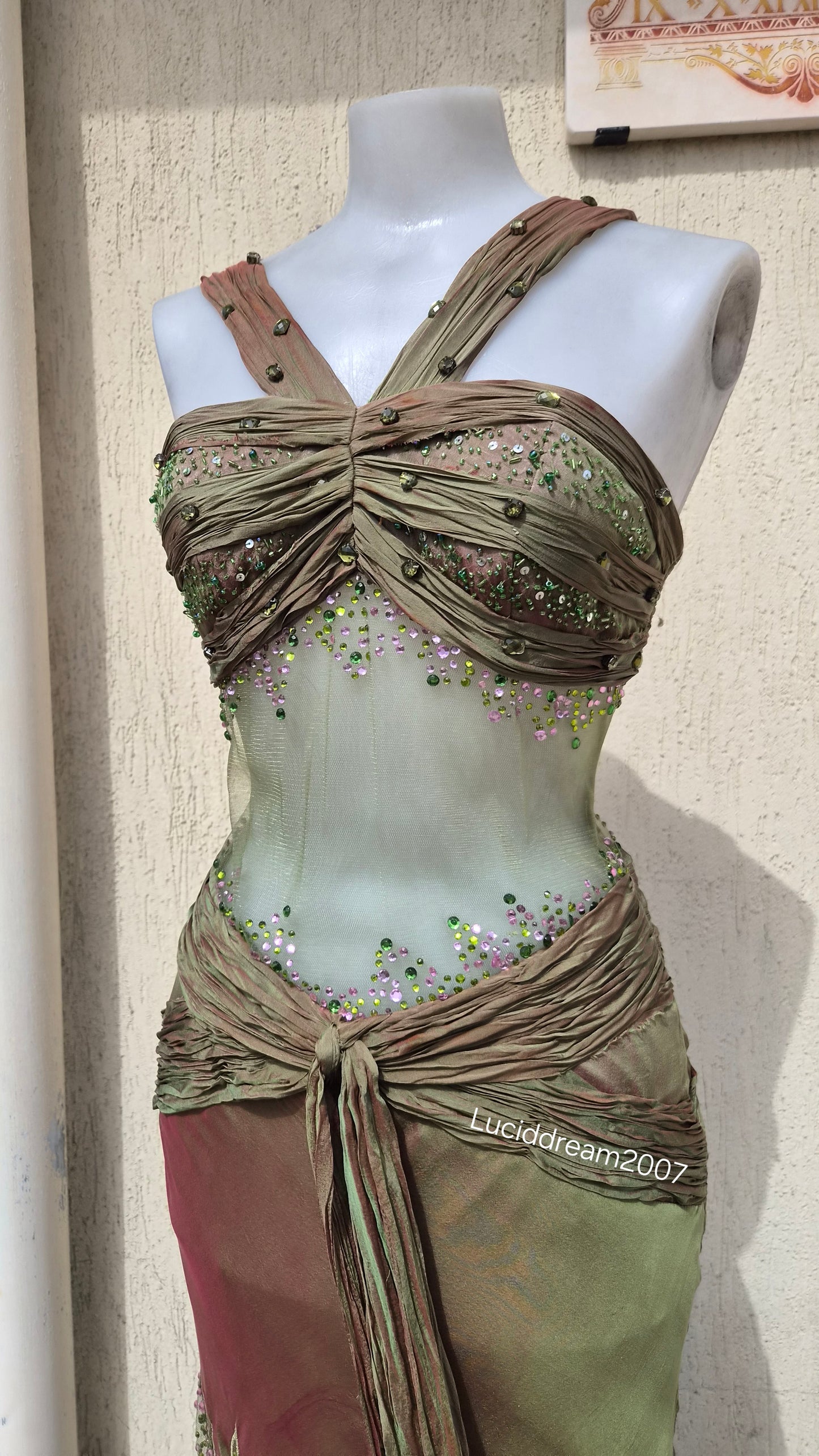 Silk dress with voile details and embroidery