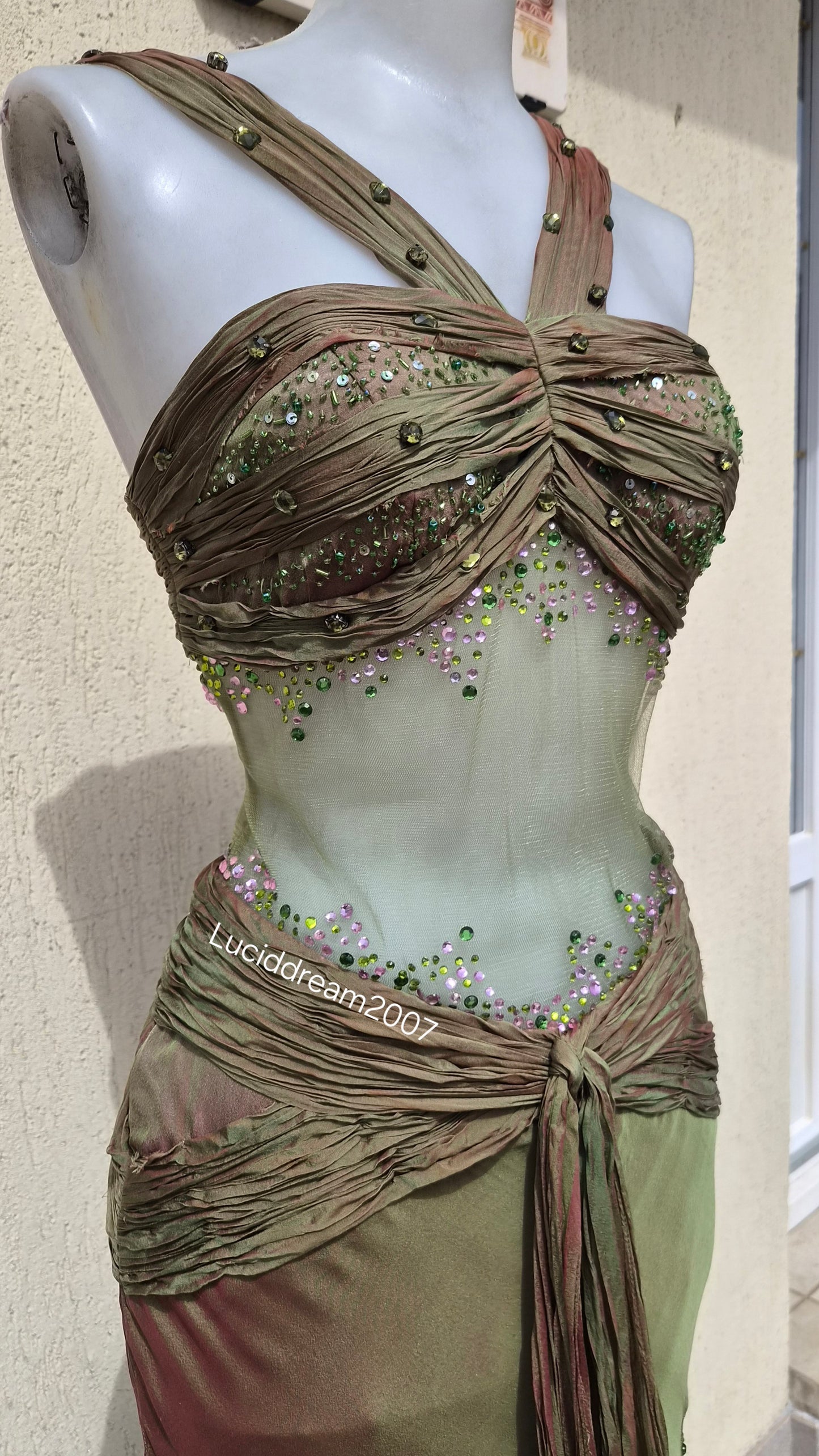 Silk dress with voile details and embroidery