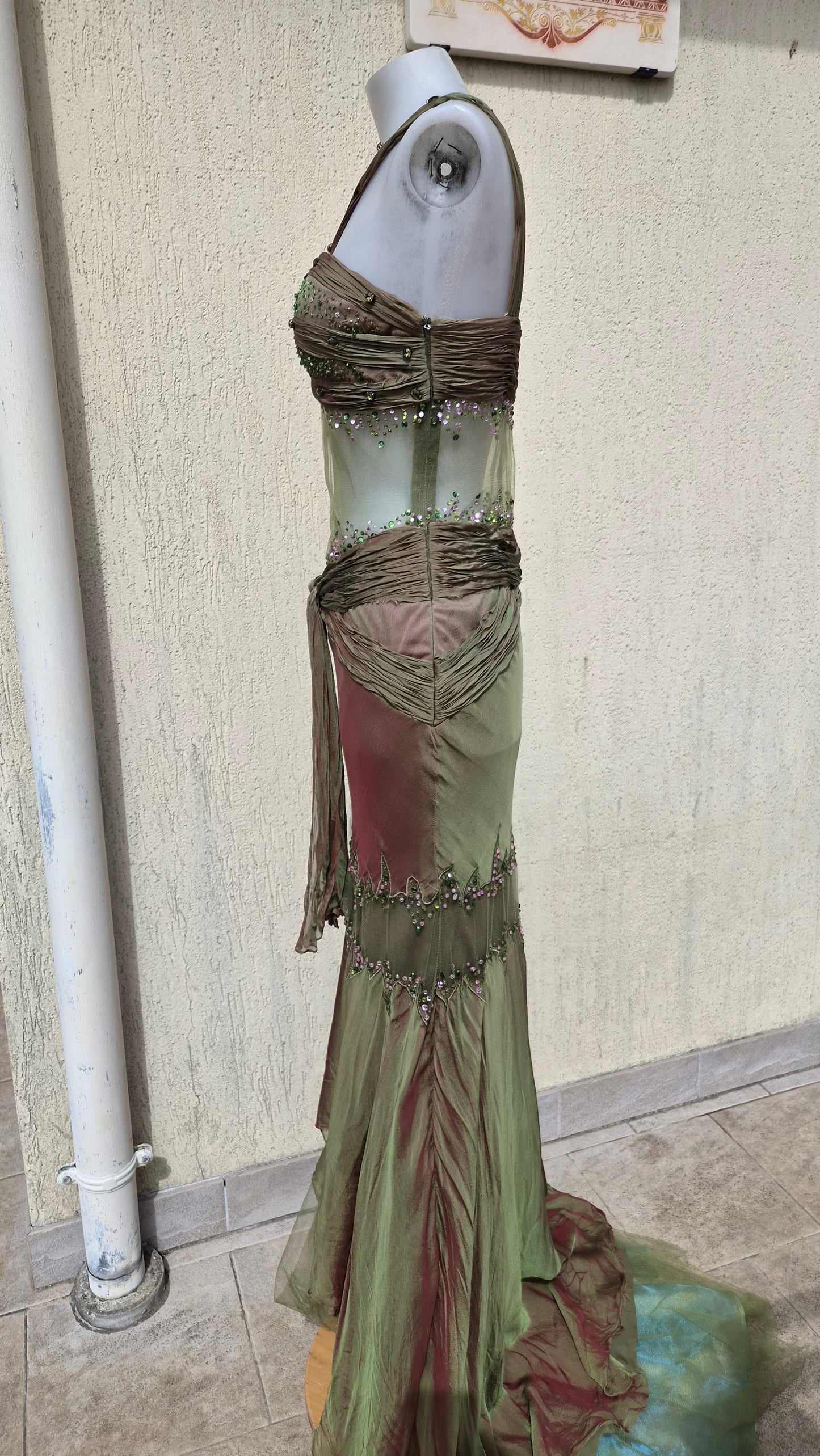 Silk dress with voile details and embroidery