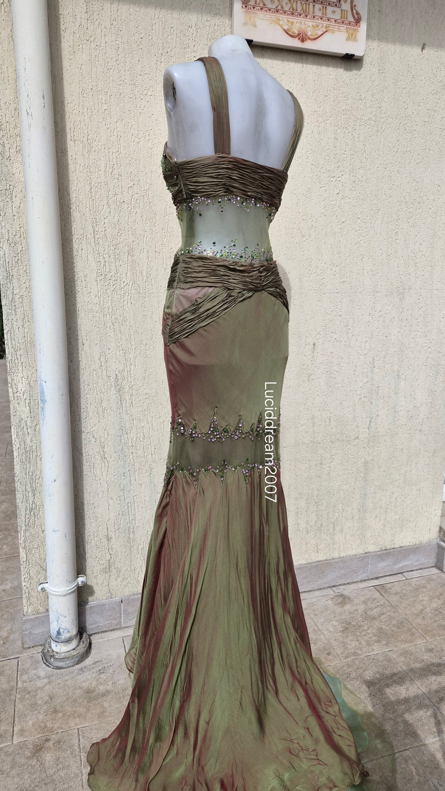 Silk dress with voile details and embroidery