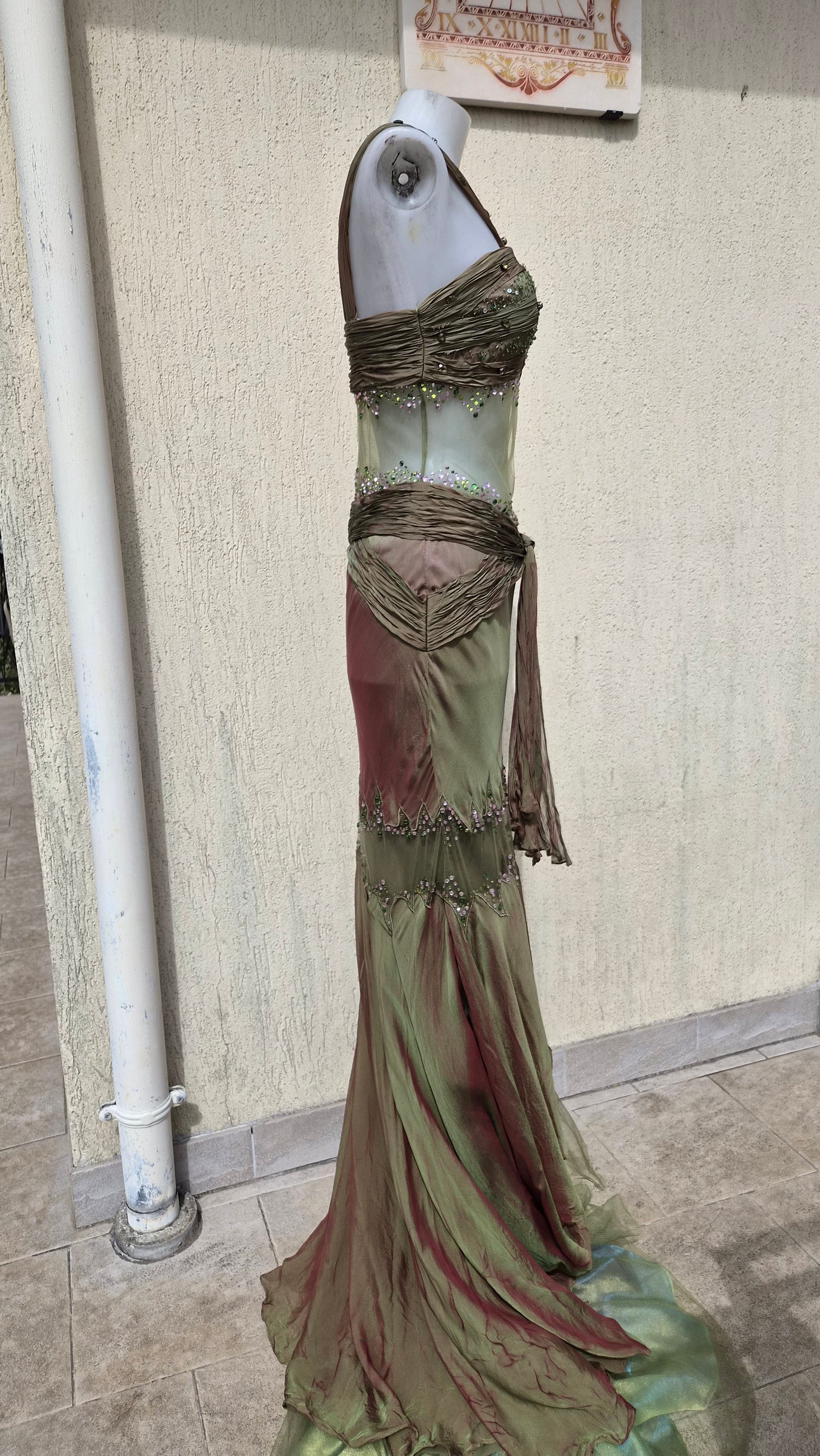 Silk dress with voile details and embroidery