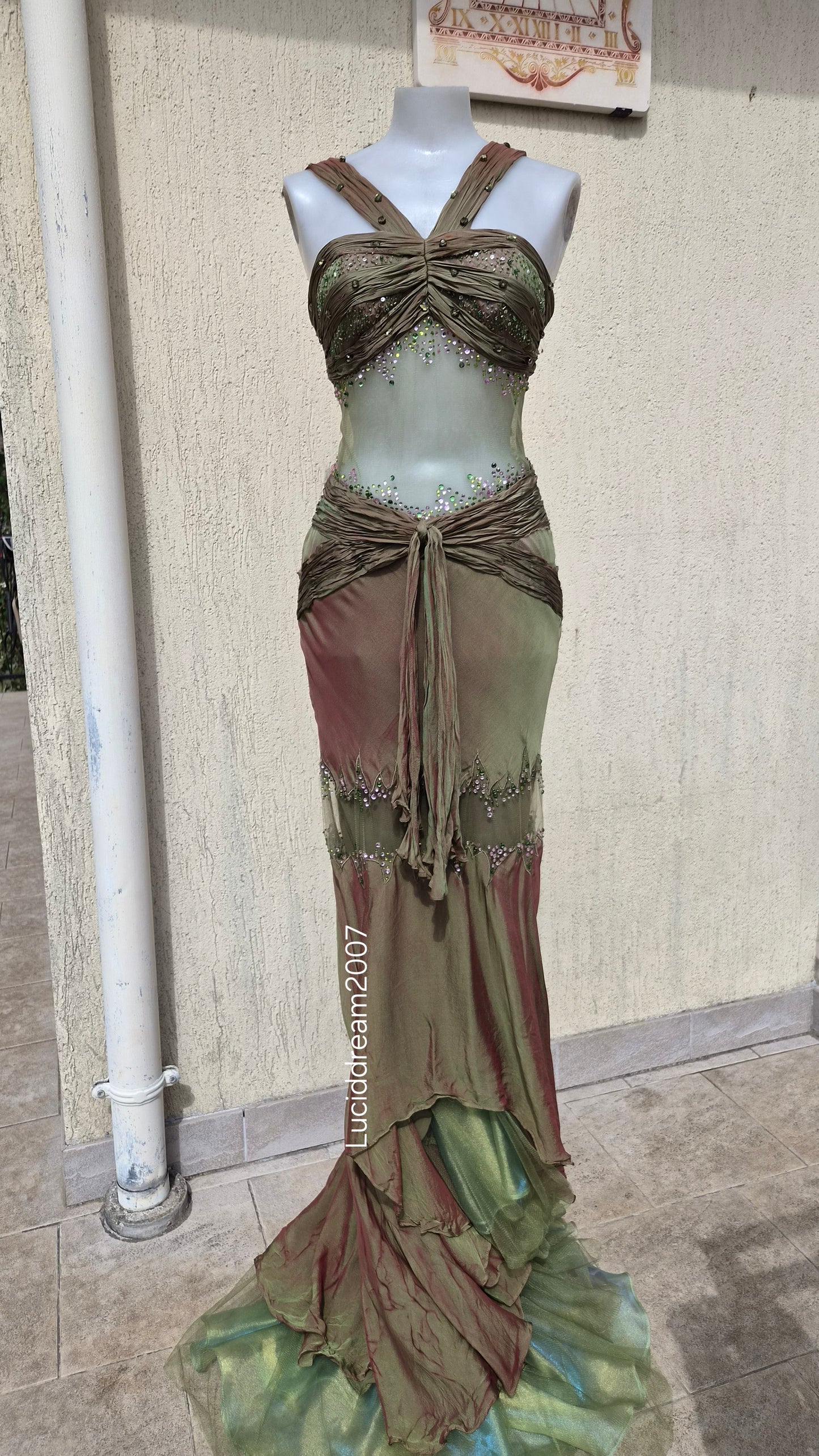 Silk dress with voile details and embroidery
