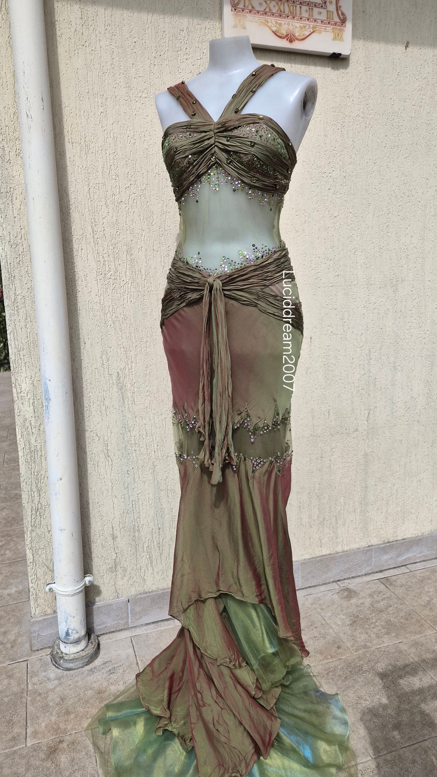Silk dress with voile details and embroidery