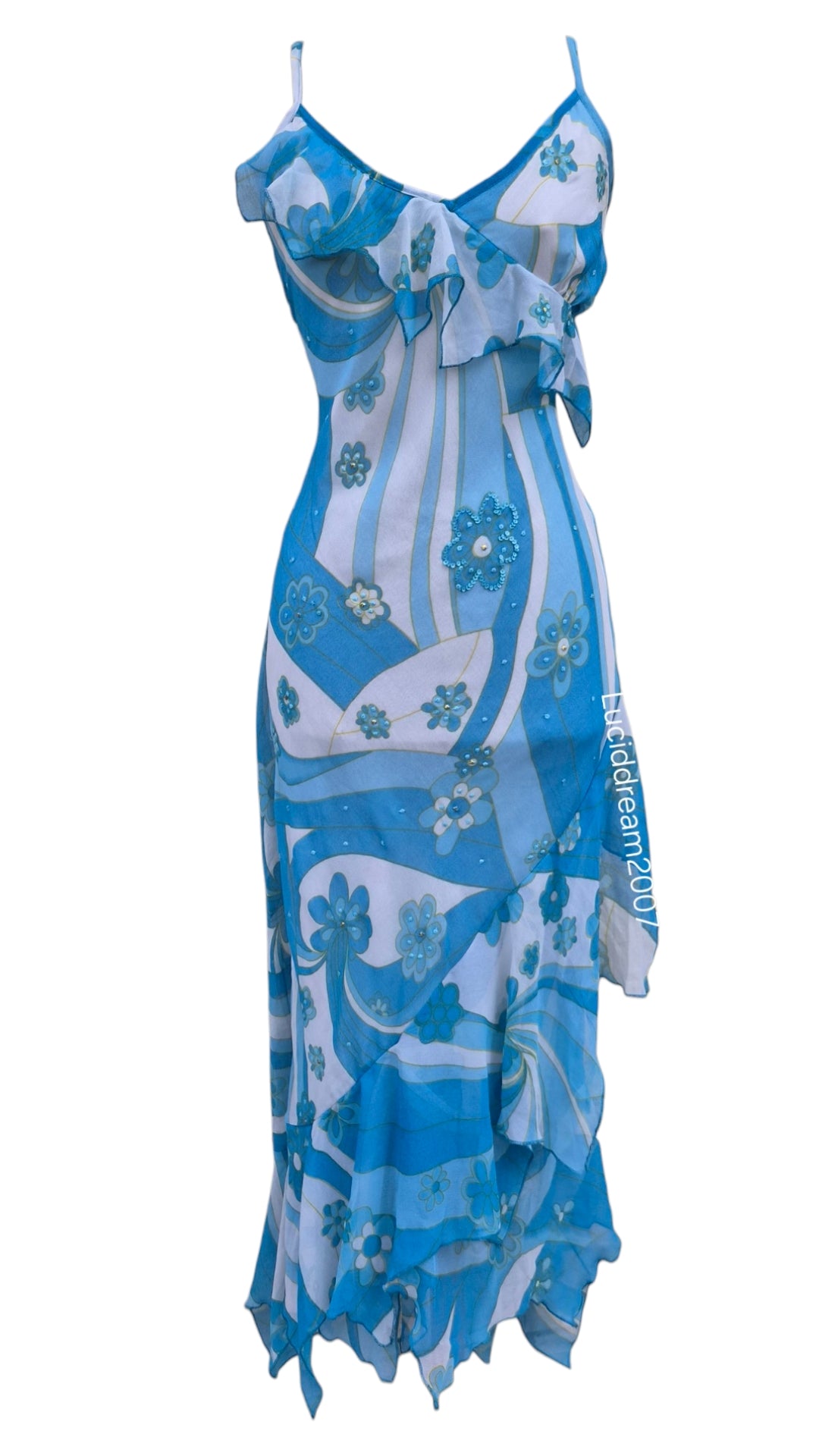 Robe en voile fleuri à volants bleu et blanc