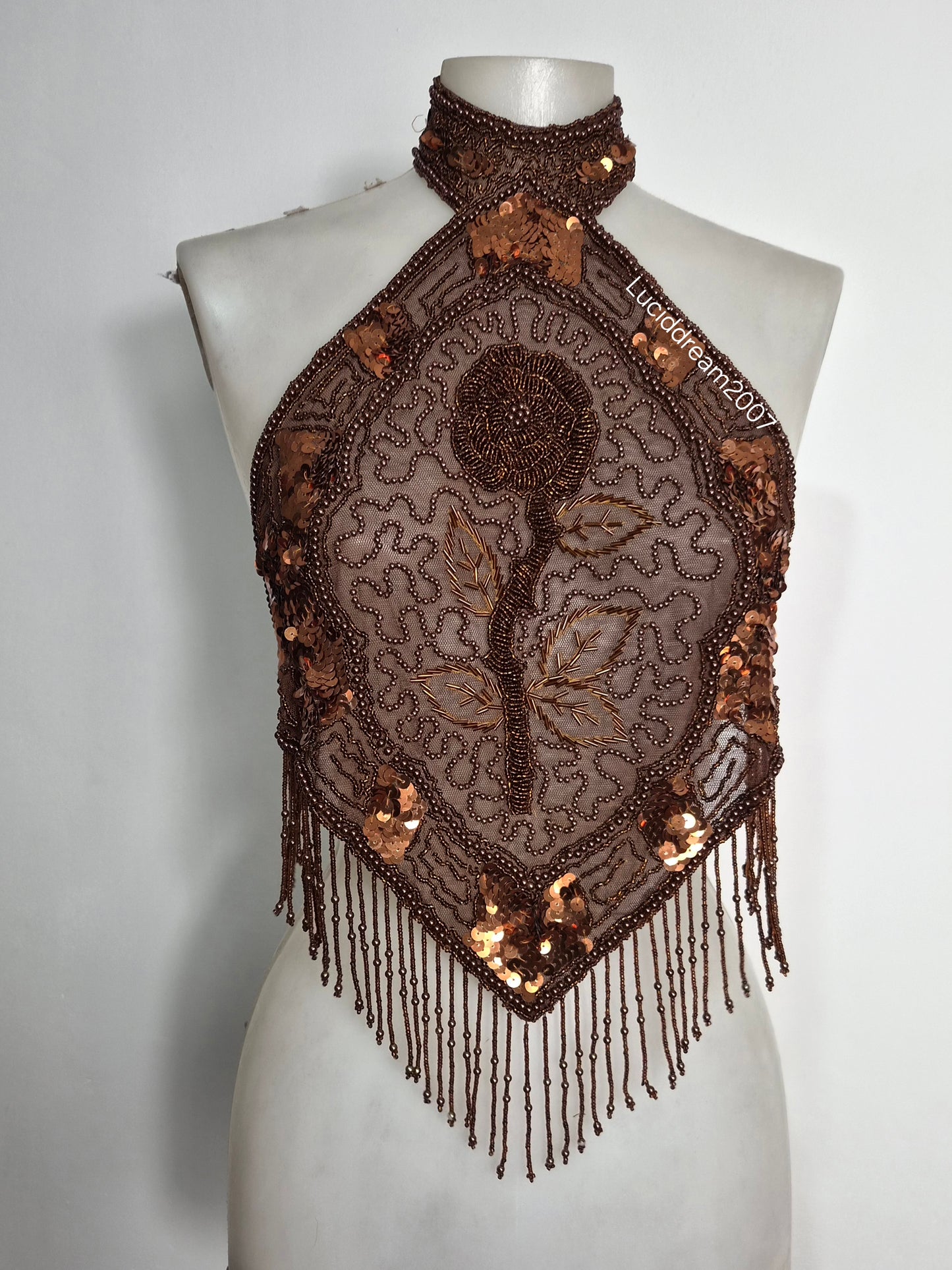 Brown backless top embroidered with beads and sequins