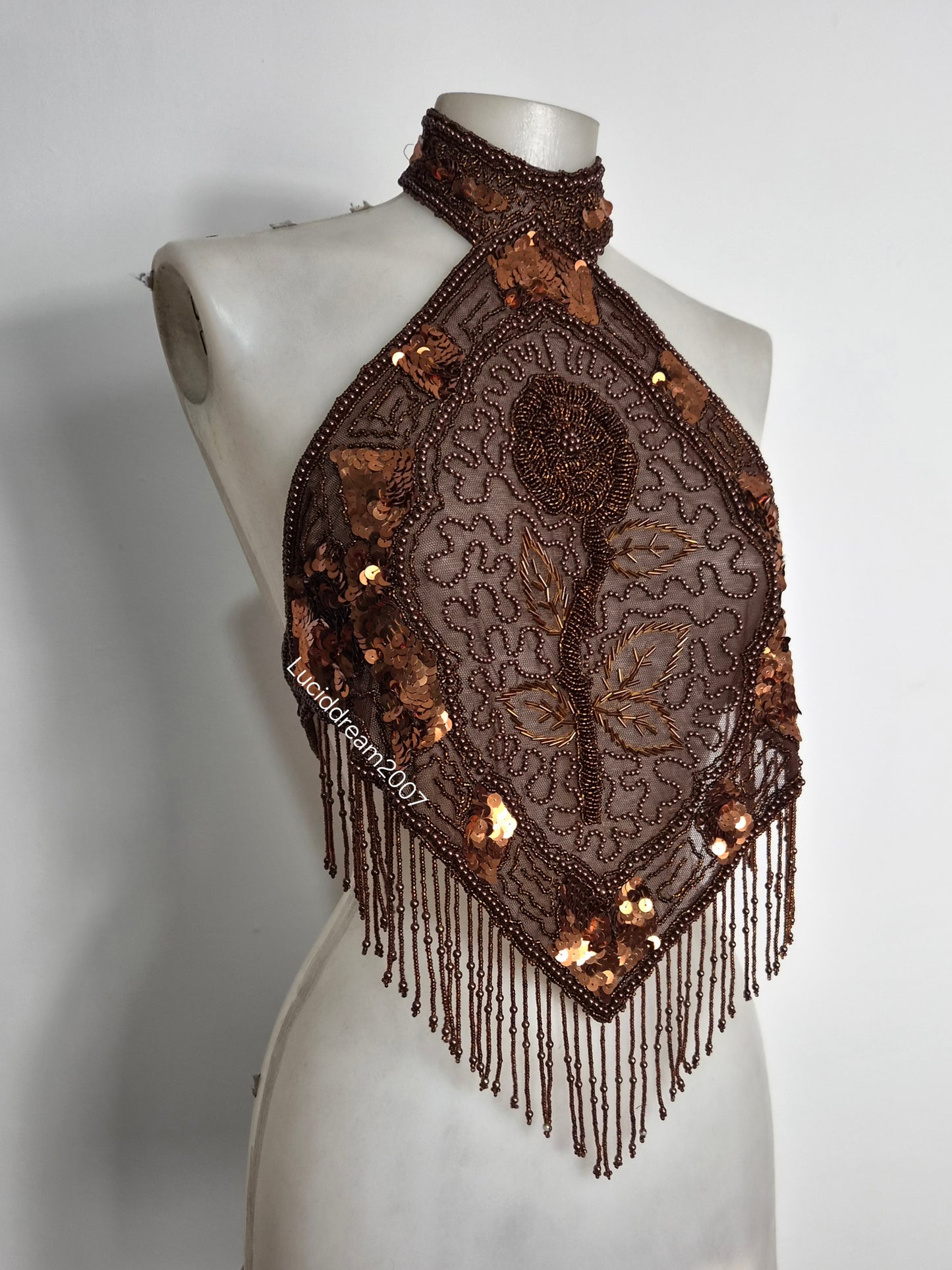 Brown backless top embroidered with beads and sequins