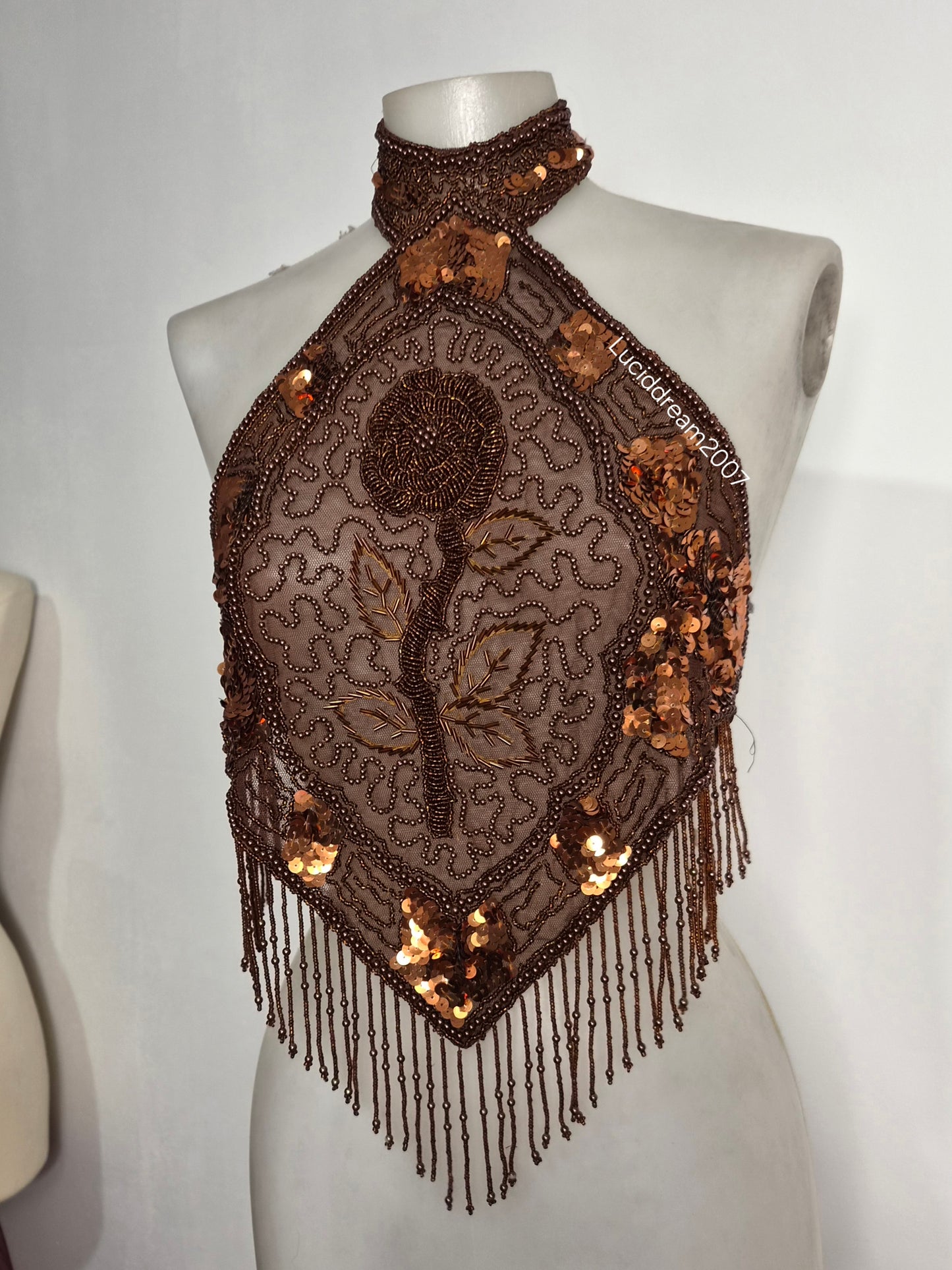 Brown backless top embroidered with beads and sequins