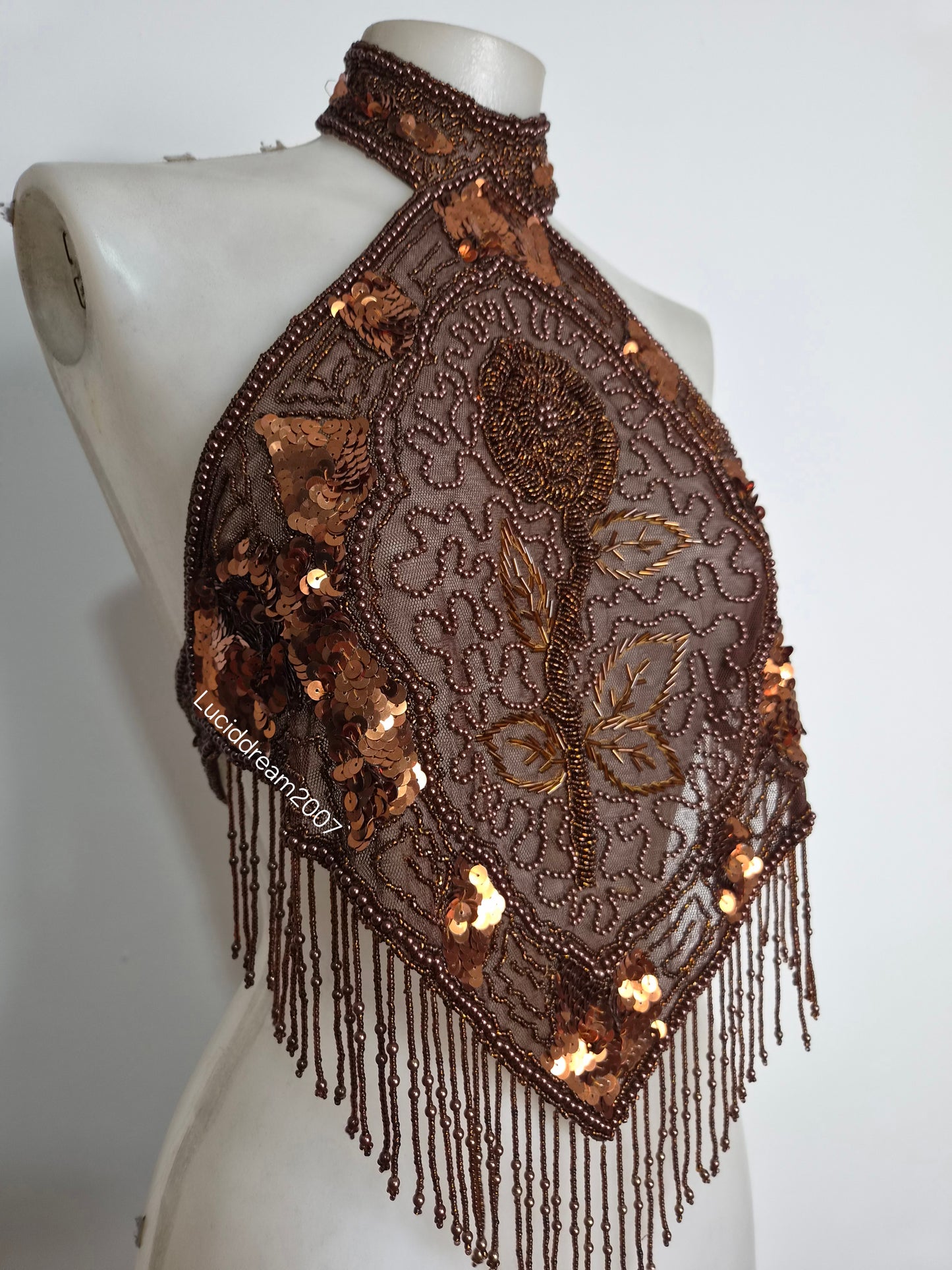 Brown backless top embroidered with beads and sequins