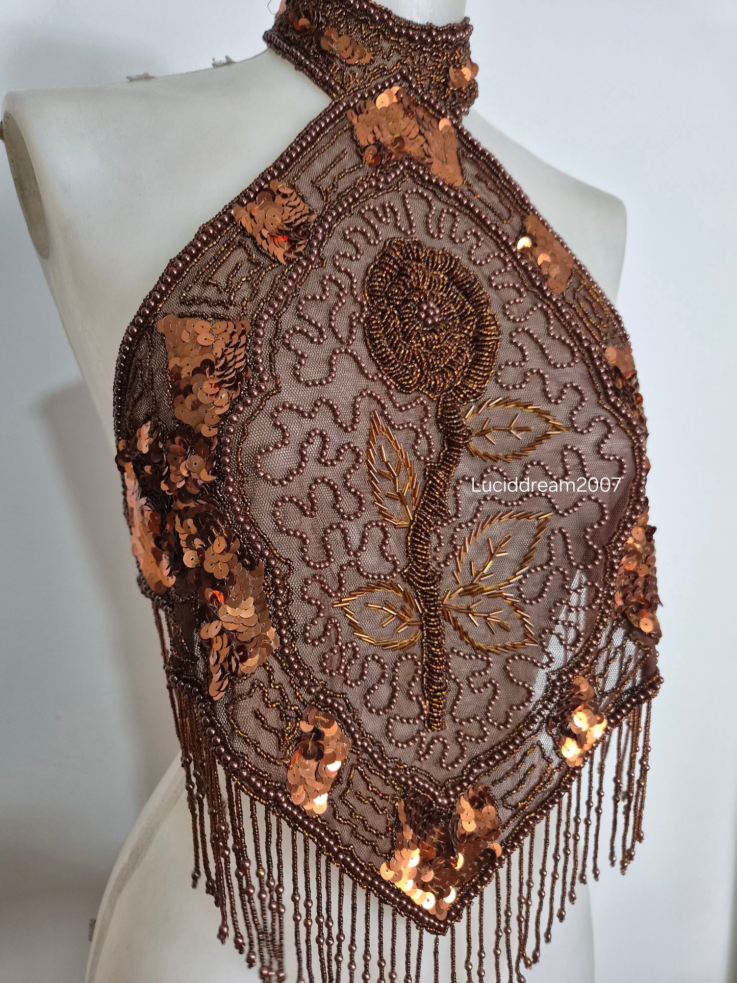 Brown backless top embroidered with beads and sequins