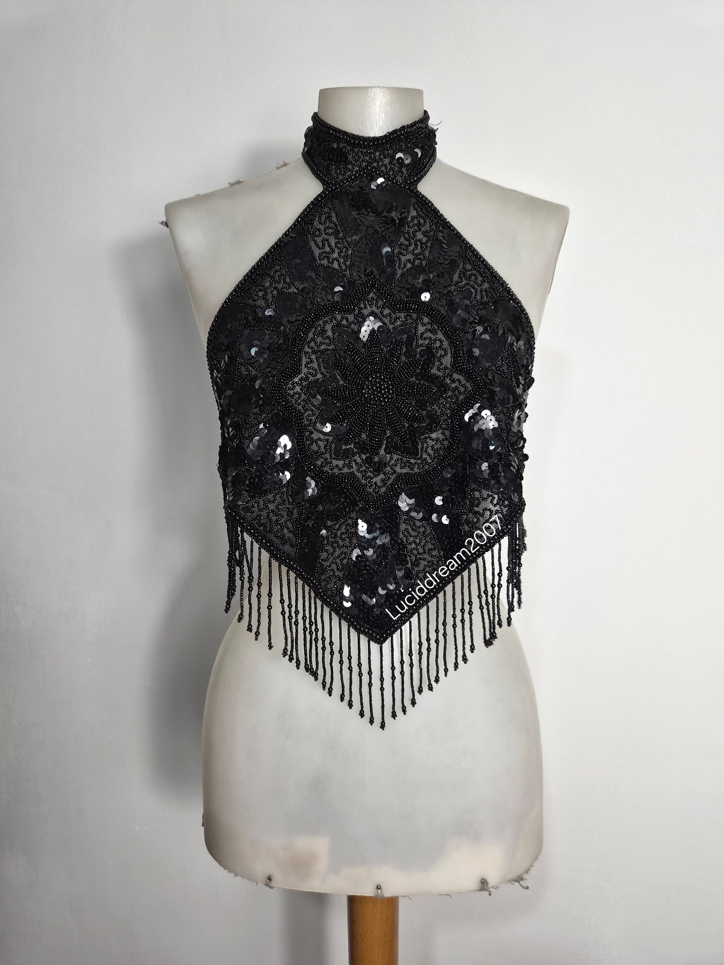 Black sequin-embroidered backless dress