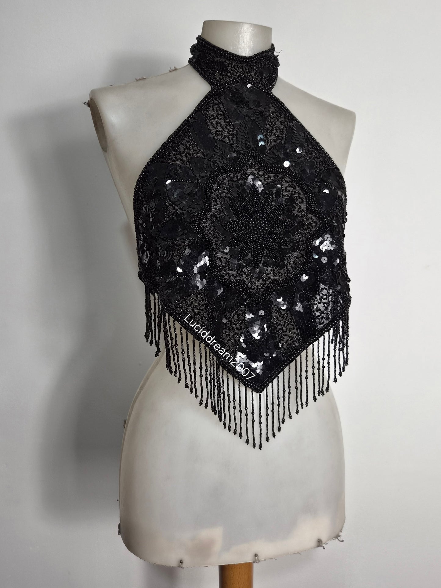 Black sequin-embroidered backless dress