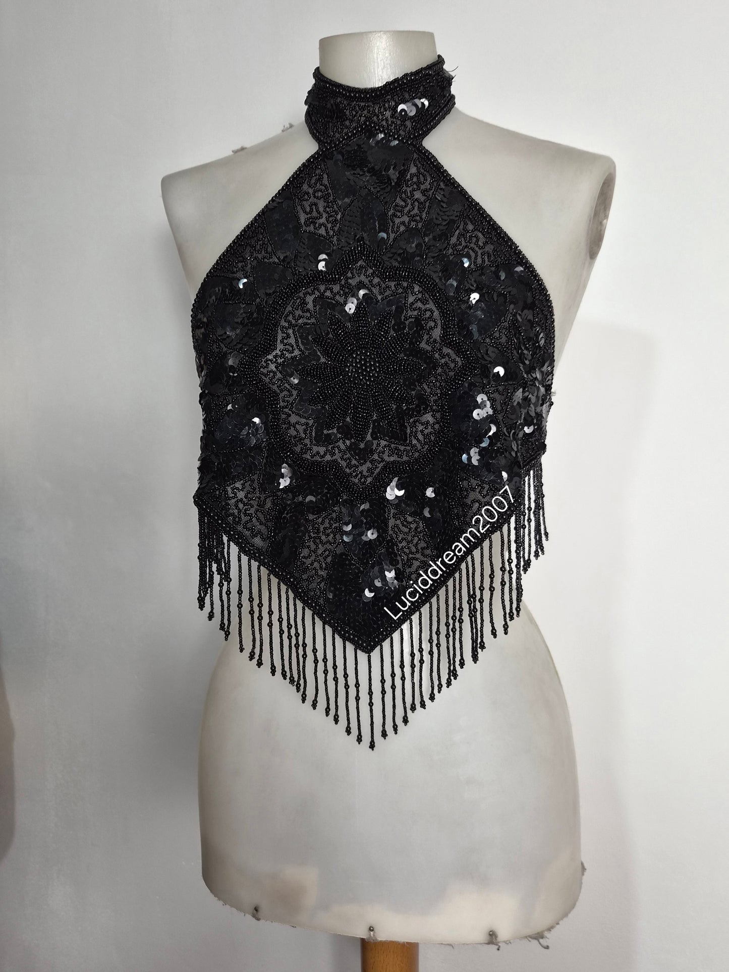 Black sequin-embroidered backless dress
